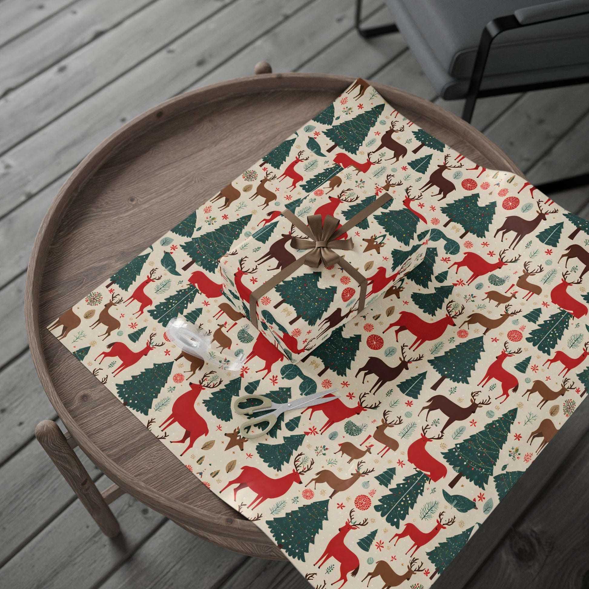Woodland Reindeer and Evergreen Wrapping Paper – Rustic Christmas Forest Gift Wrap - As Designer