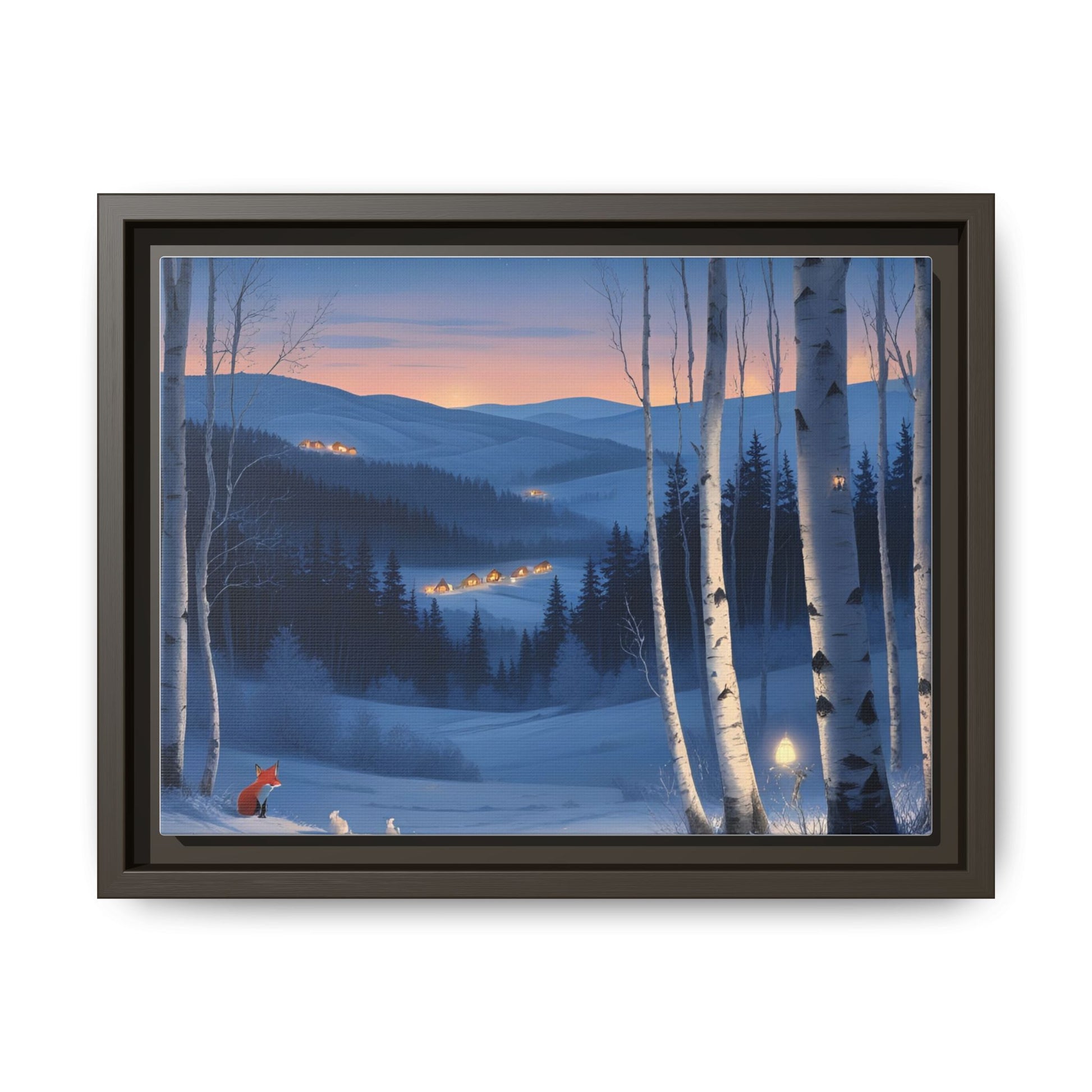 Snowy Forest Scene with Fox and Cabin Lights - Framed Winter Landscape Artwork