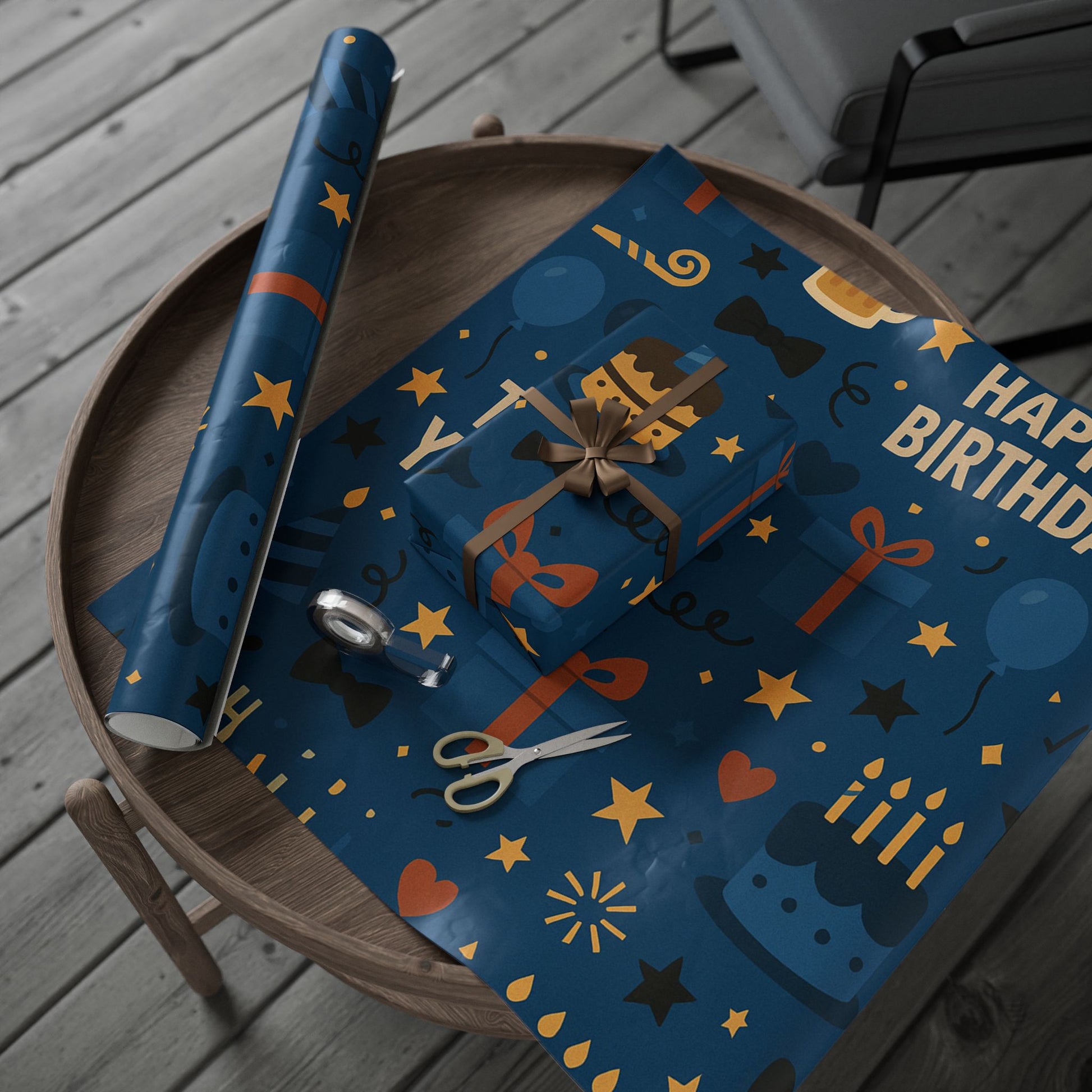 Happy Birthday Wrapping Paper – Navy Blue with Cakes, Gifts & Party Icons