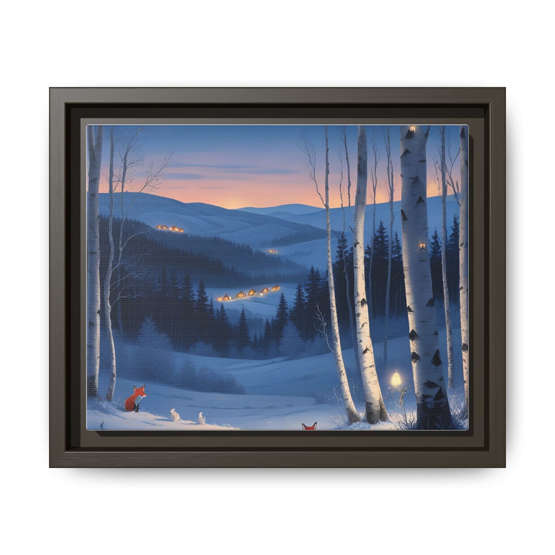 Snowy Forest Scene with Fox and Cabin Lights - Framed Winter Landscape Artwork