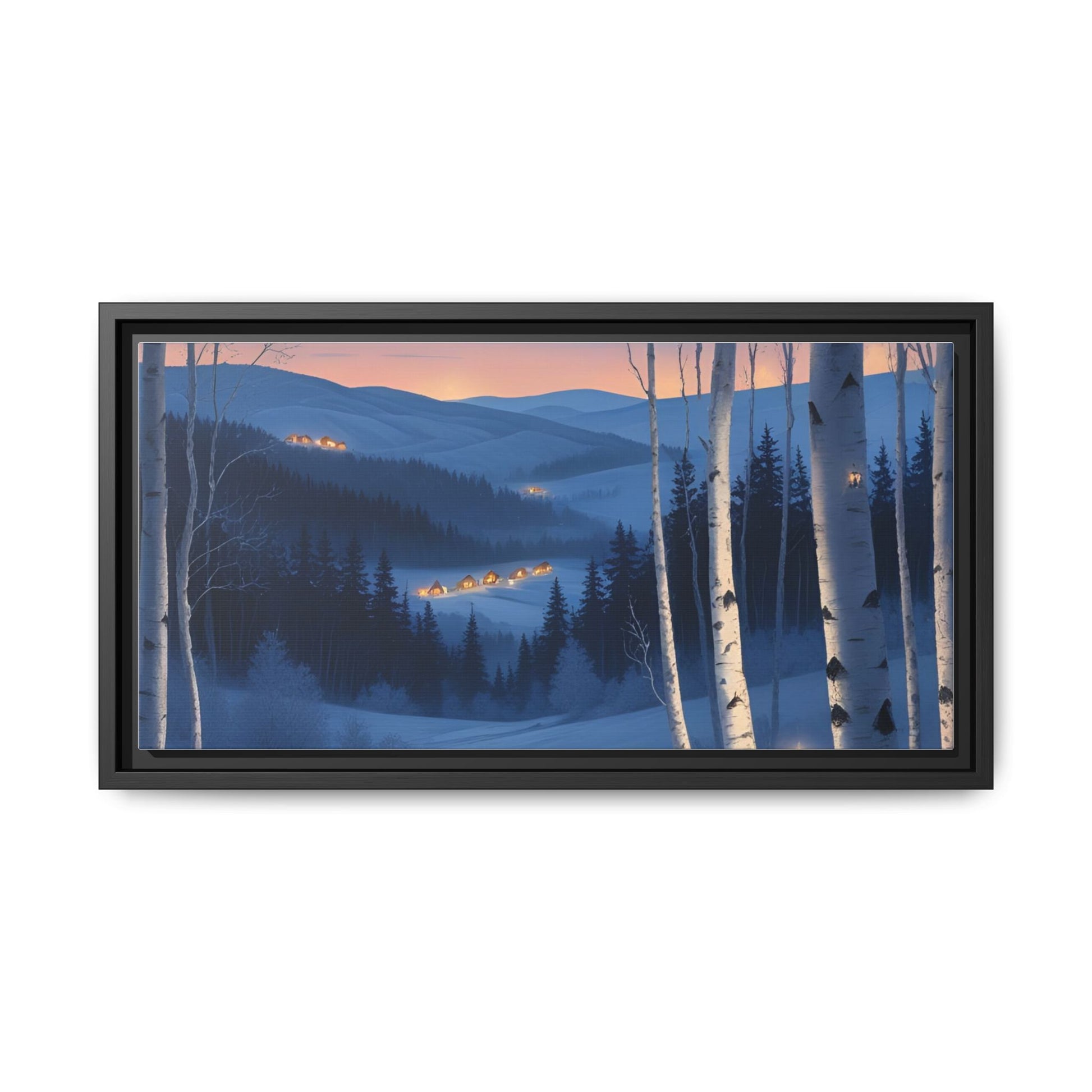 Snowy Forest Scene with Fox and Cabin Lights - Framed Winter Landscape Artwork