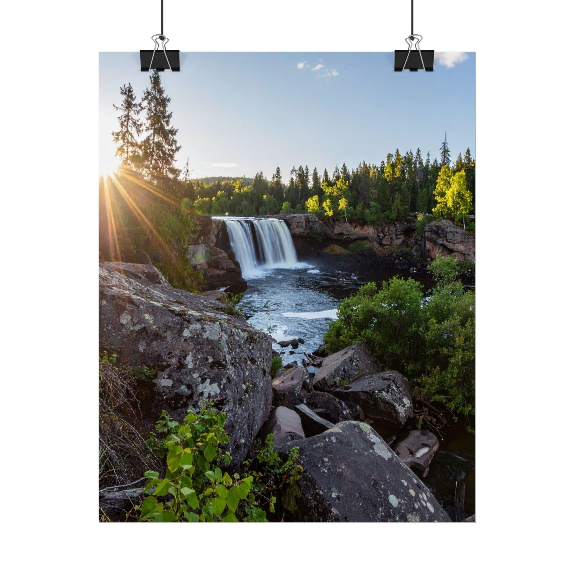 Forest Waterfall Poster with Sunlight Landscape Wall Art Print