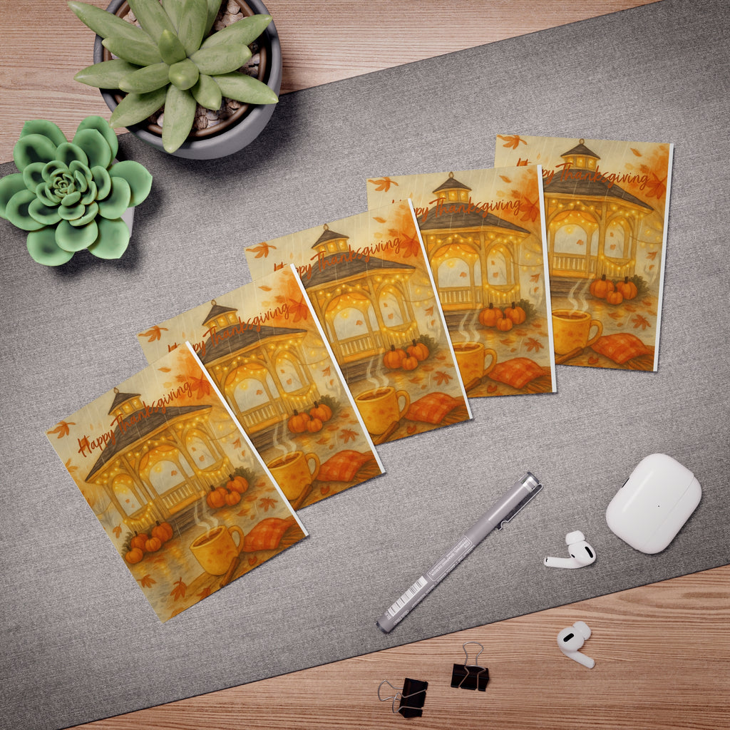 Autumn Gazebo Greeting Cards (5-Pack) — "Happy Thanksgiving" Fall Note Cards - Happy Thanksgiving Autumn Gazebo Greeting Card – Cozy Fall Coffee & Pumpkin Scene - CoziNest Hollow 1