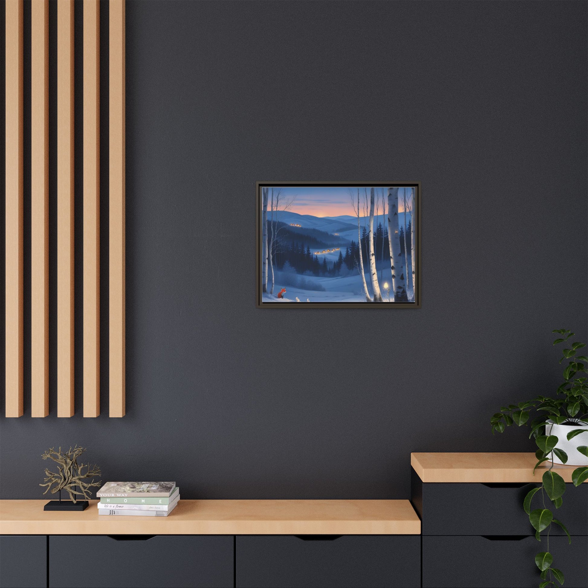 Snowy Forest Scene with Fox and Cabin Lights - Framed Winter Landscape Artwork