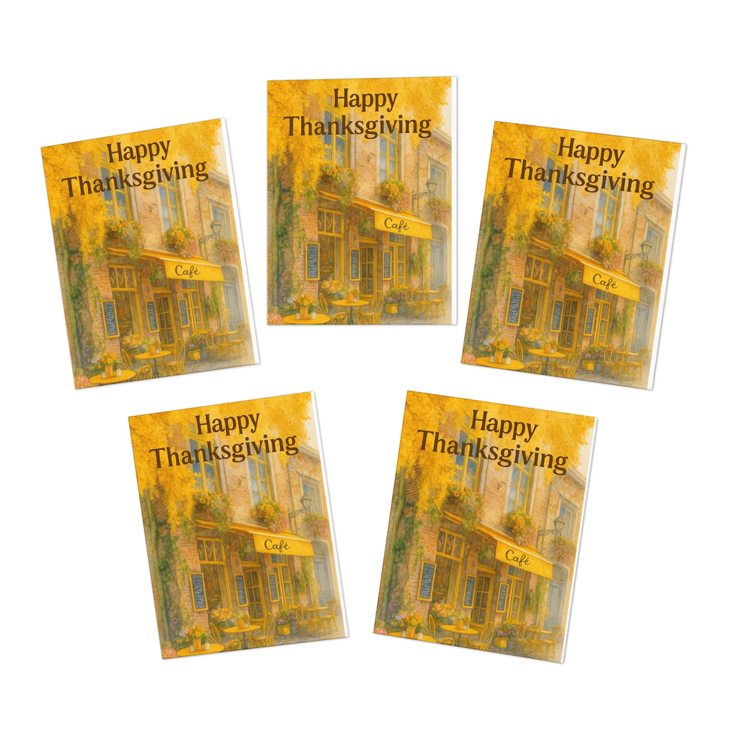 Happy Thanksgiving Greeting Cards (5-Pack) – Autumn Coffee Shop Scene – CoziNest Hollow 3
