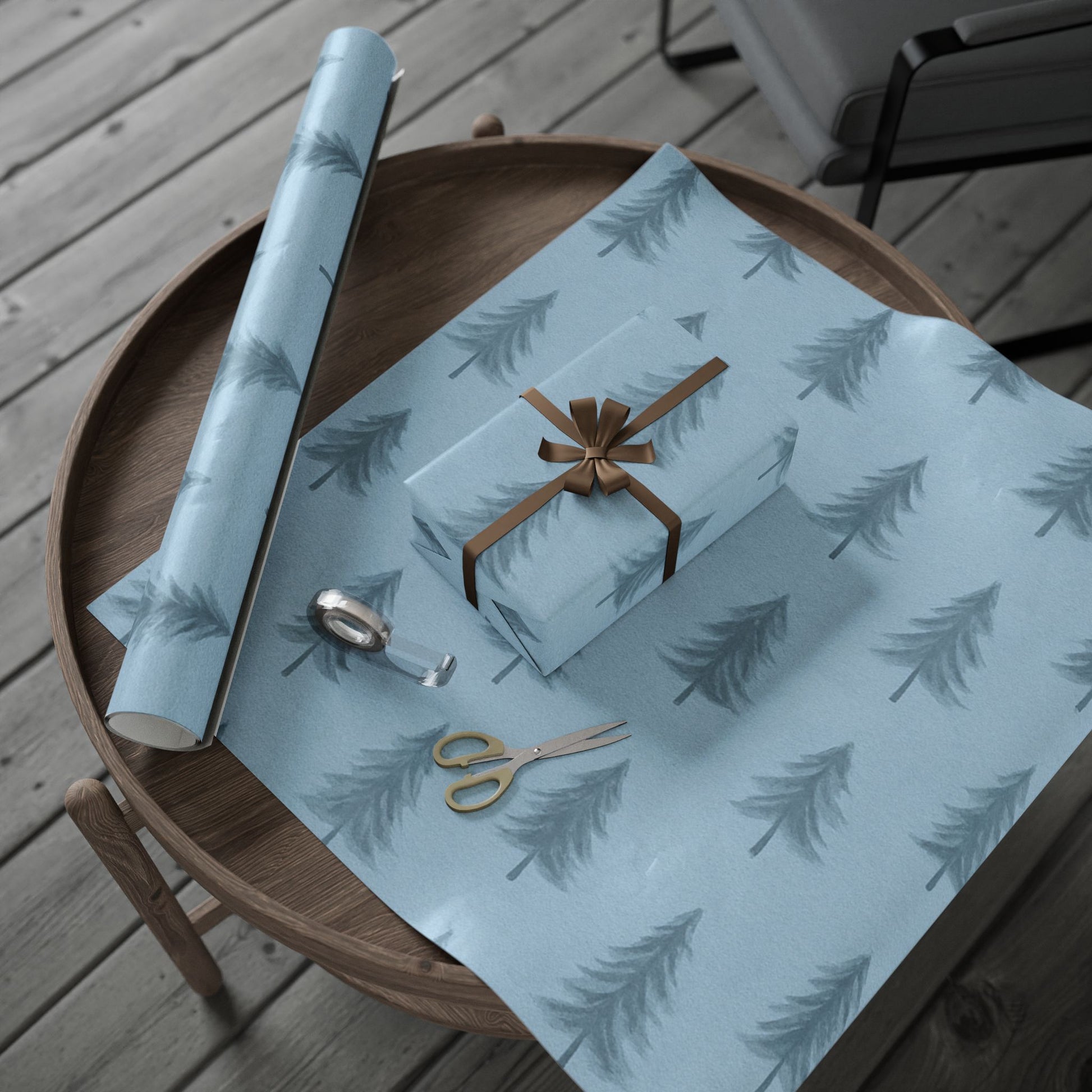 Winter’s Hush Tree Pattern Wrapping Paper – Elegant Woodland Holiday Gift Wrap - Beautiful Blue Wrapping Paper Roll, Holiday Gift Wrap