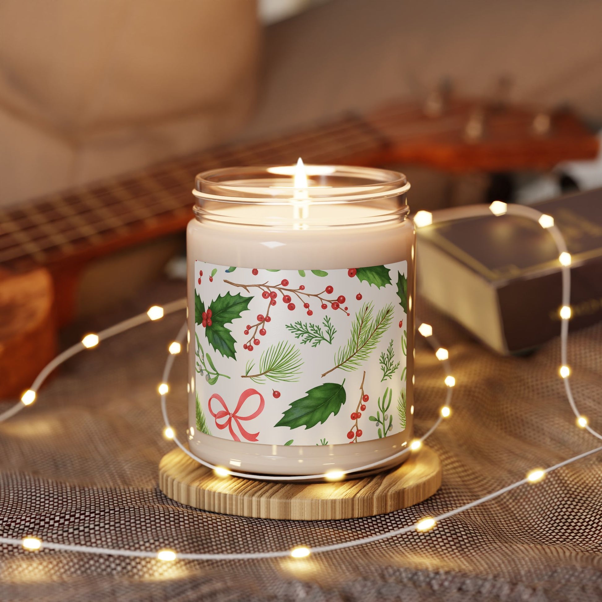 Christmas Botanical Candle Wrap – Watercolor Holly & Pine Design - Ana