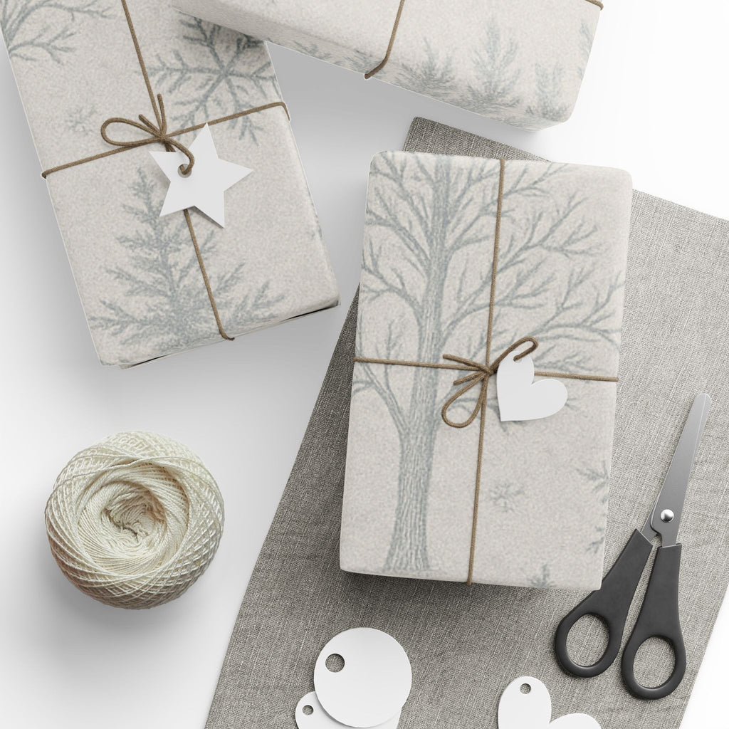 Winter’s Hush Gift Wrapping Paper – Elegant Silver Trees & Snowflake Design | Paper Pleasures