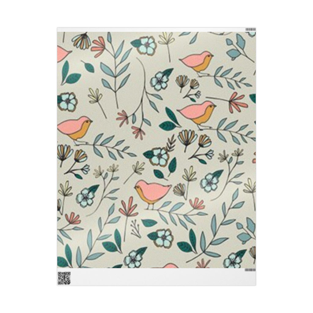 Floral and bird patterned fabric swatch on a beige background