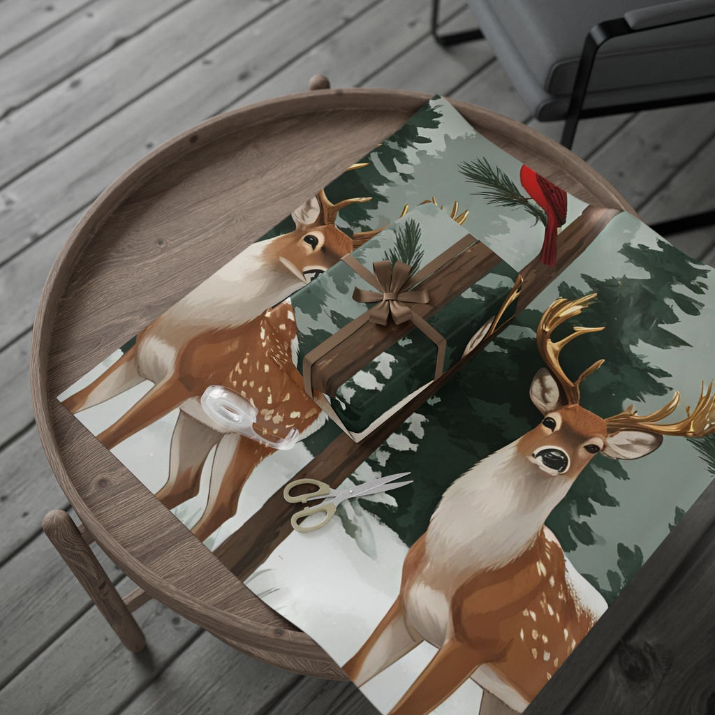 Large Print Festive Holiday Gift Wrap - Winter Deer & Cardinal Forest Wrapping Paper