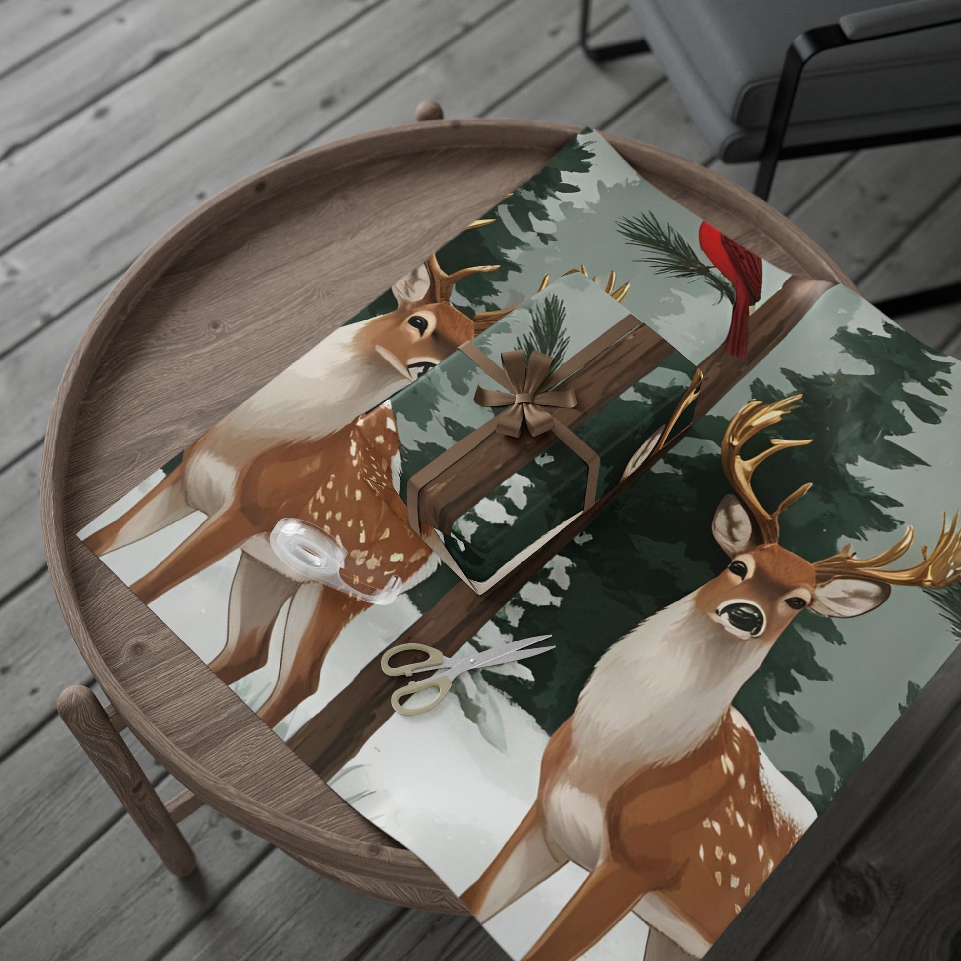 Large Print Festive Holiday Gift Wrap - Winter Deer & Cardinal Forest Wrapping Paper