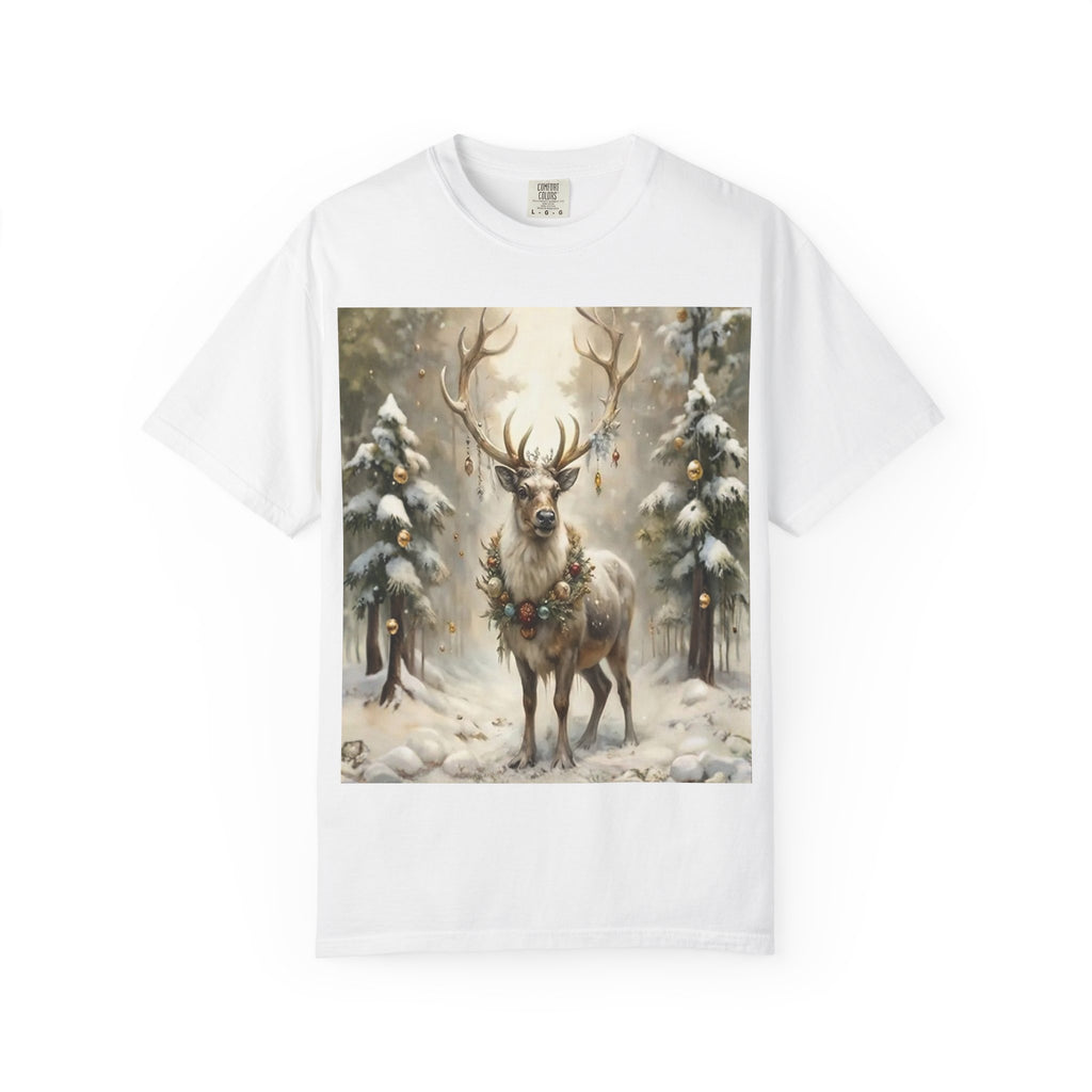 Whispers of Winter – Reindeer Wreath T-Shirt | Elegant Holiday Apparel by Paper Pleasures