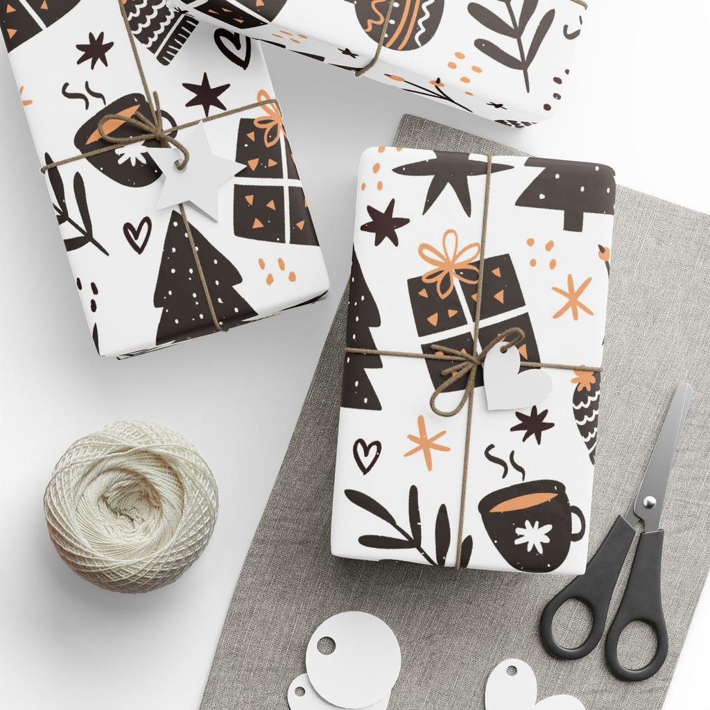 Cozy Cocoa Wrapping Paper – Warm Modern Holiday Gift Wrap - As Designer - Festive Holiday Wrapping Paper with Christmas Trees and Gifts