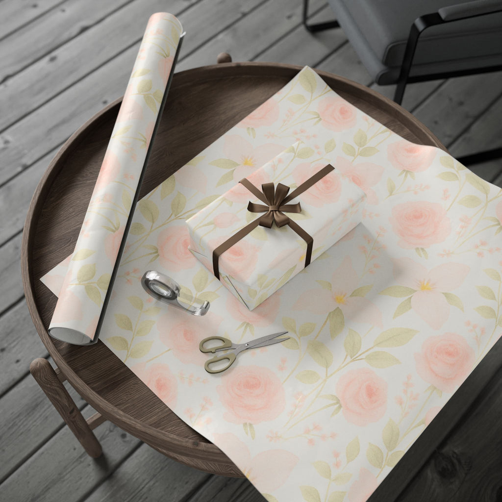 Blush Rose and Lily Floral Wrapping Paper – Elegant Watercolor Gift Wrap for Special Occasions
