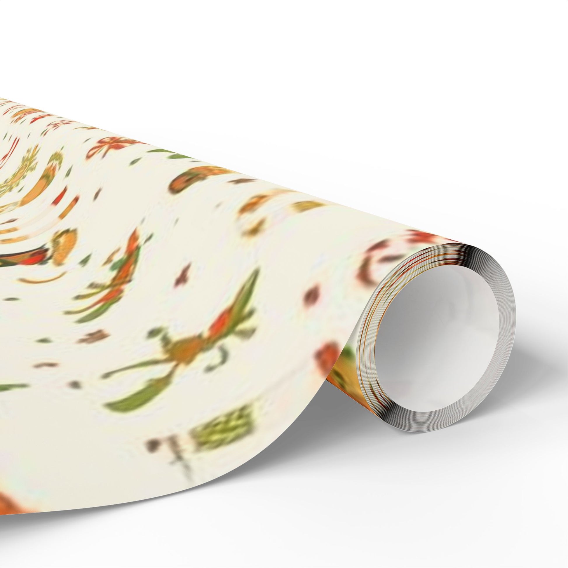Roll of decorative paper with a floral pattern on a white background