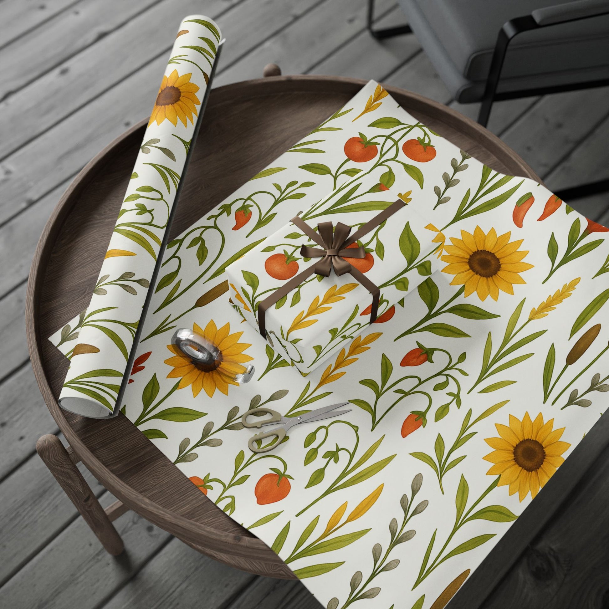 Sunflowers, Tomatoes & Autumn Harvest Botanical Wrapping Paper – Bright Seasonal Gift Wrap