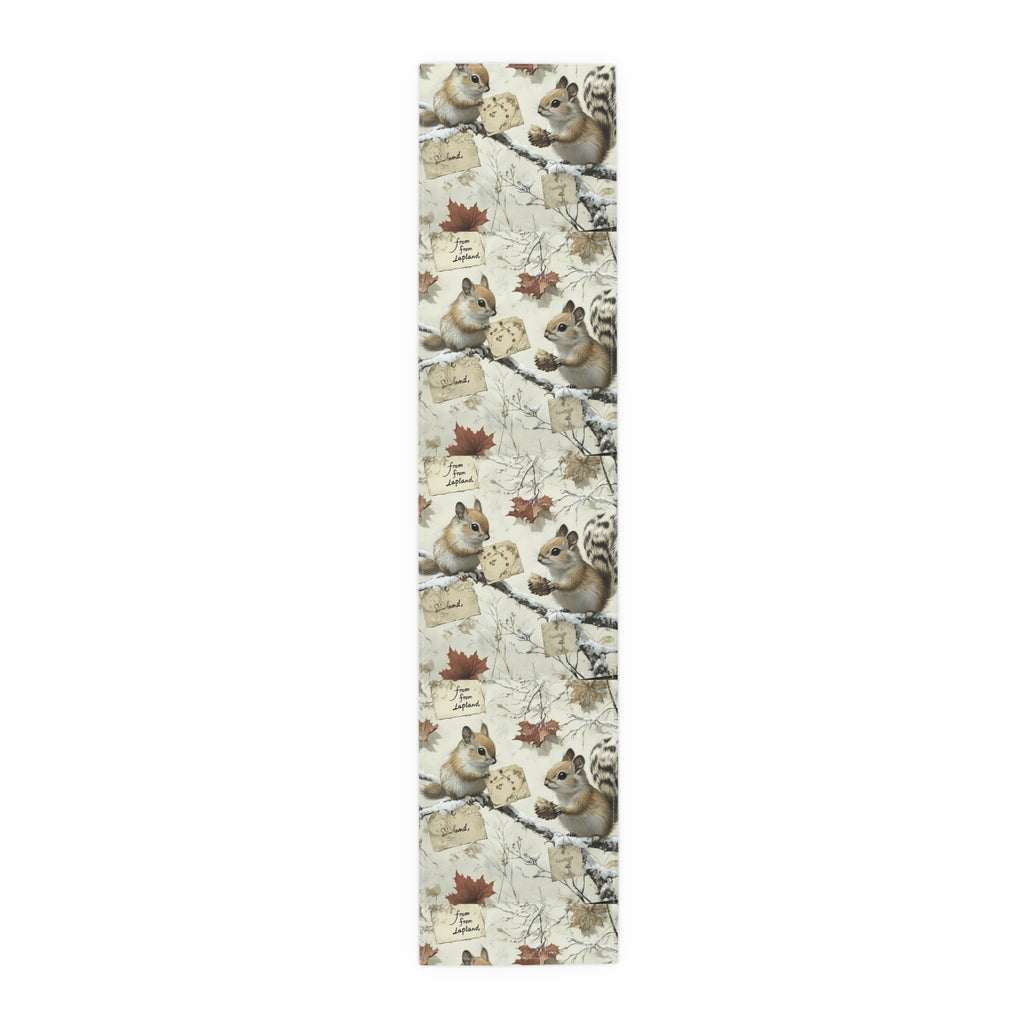 Patterned paper with illustrations of squirrels and autumn leaves on a white background