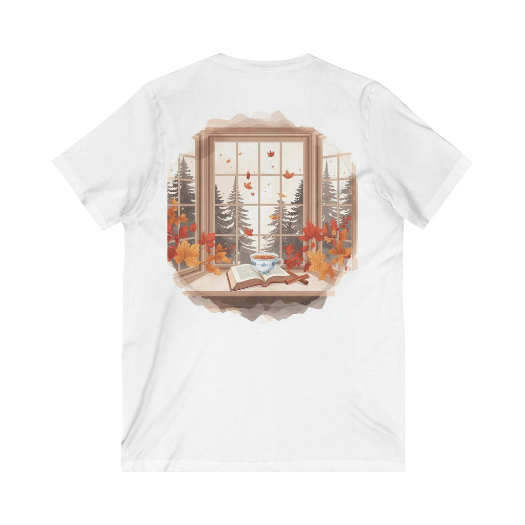 White t-shirt with a graphic of a window view with trees and a book on a table.