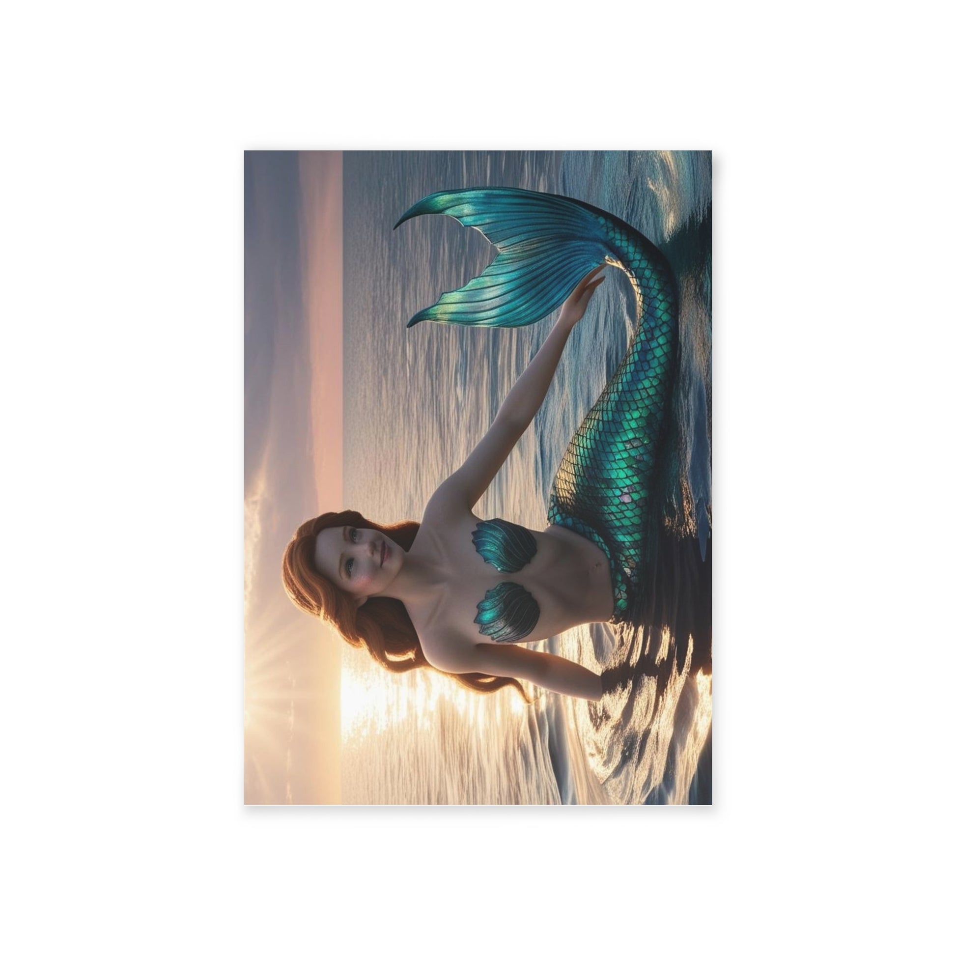 Coralyn the Auburn-Haired Mermaid Note Card – Sunlit Shoreline Scene – Mermaid Things Collection