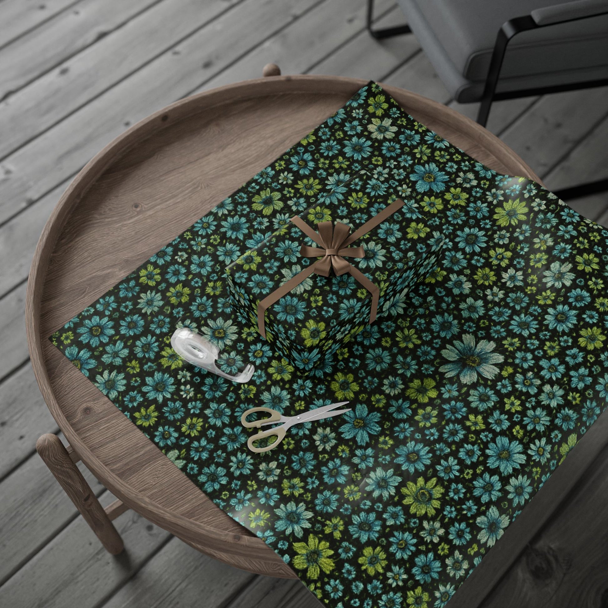 Teal and Green Daisy Floral Wrapping Paper on Black Background
