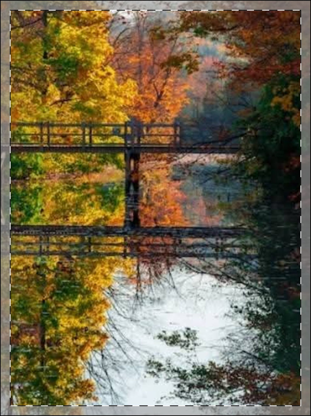 Autumn Bridge Reflection Poster – Tranquil Fall Landscape Wall Art