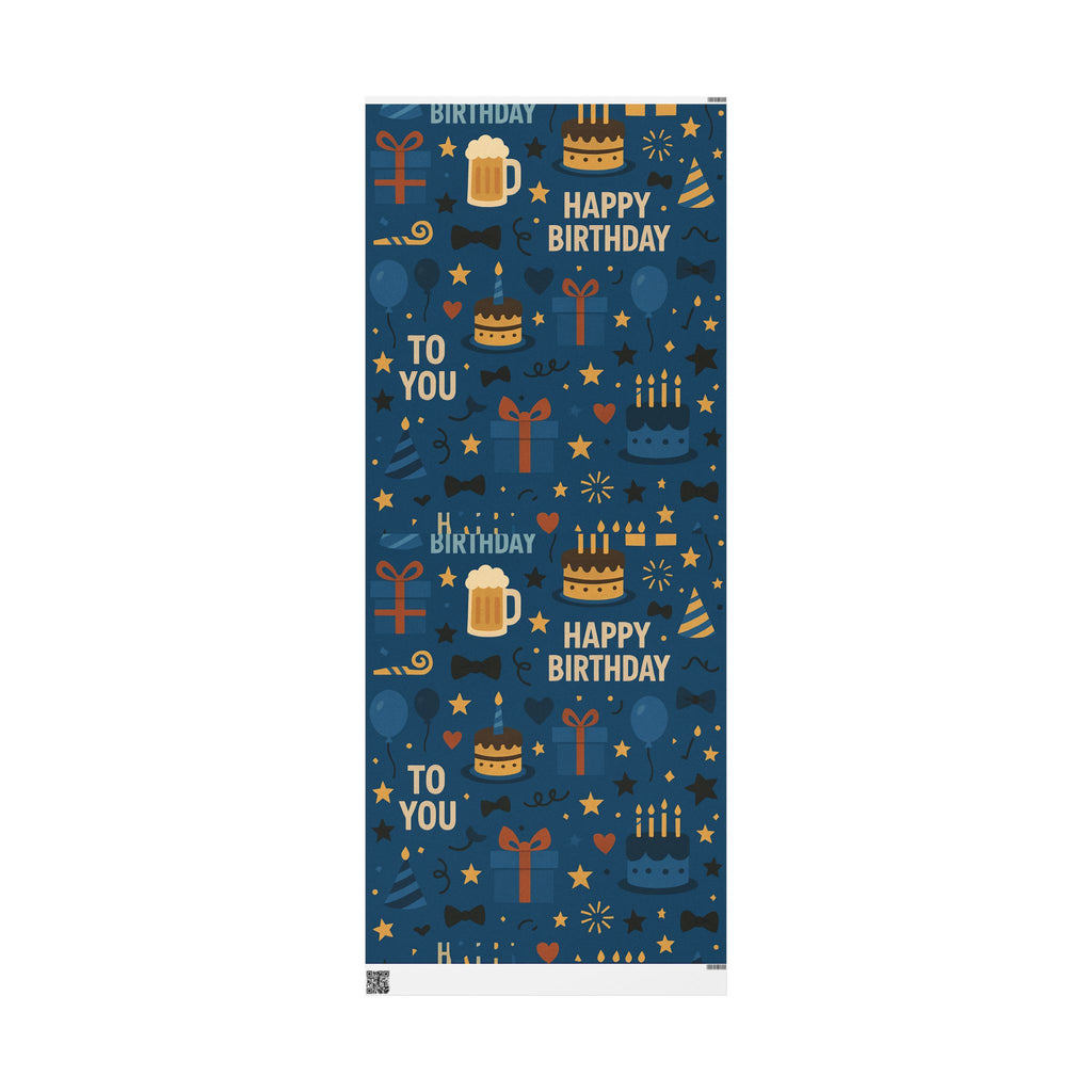 Happy Birthday Wrapping Paper – Navy Blue with Cakes, Gifts & Party Icons