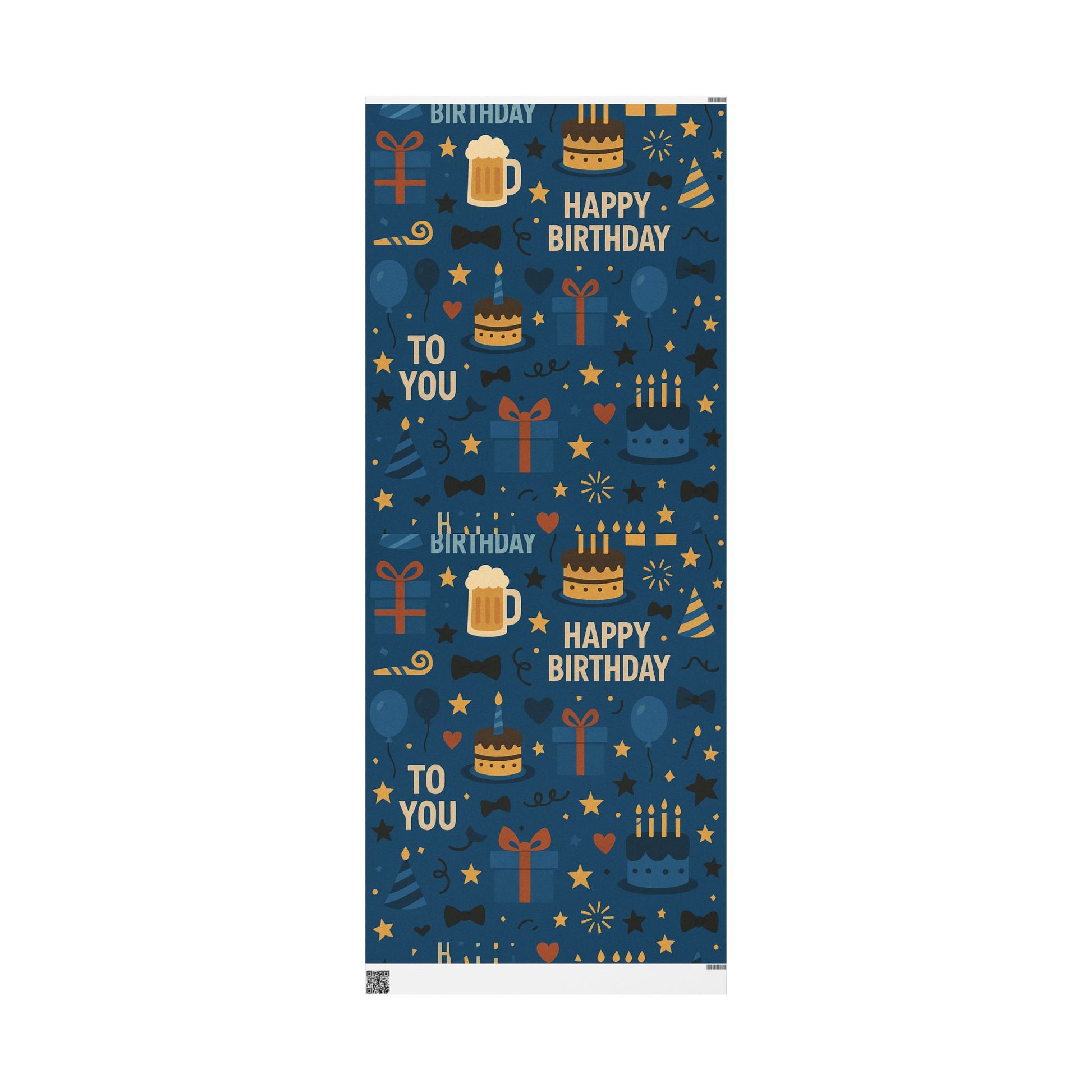 Happy Birthday Wrapping Paper – Navy Blue with Cakes, Gifts & Party Icons