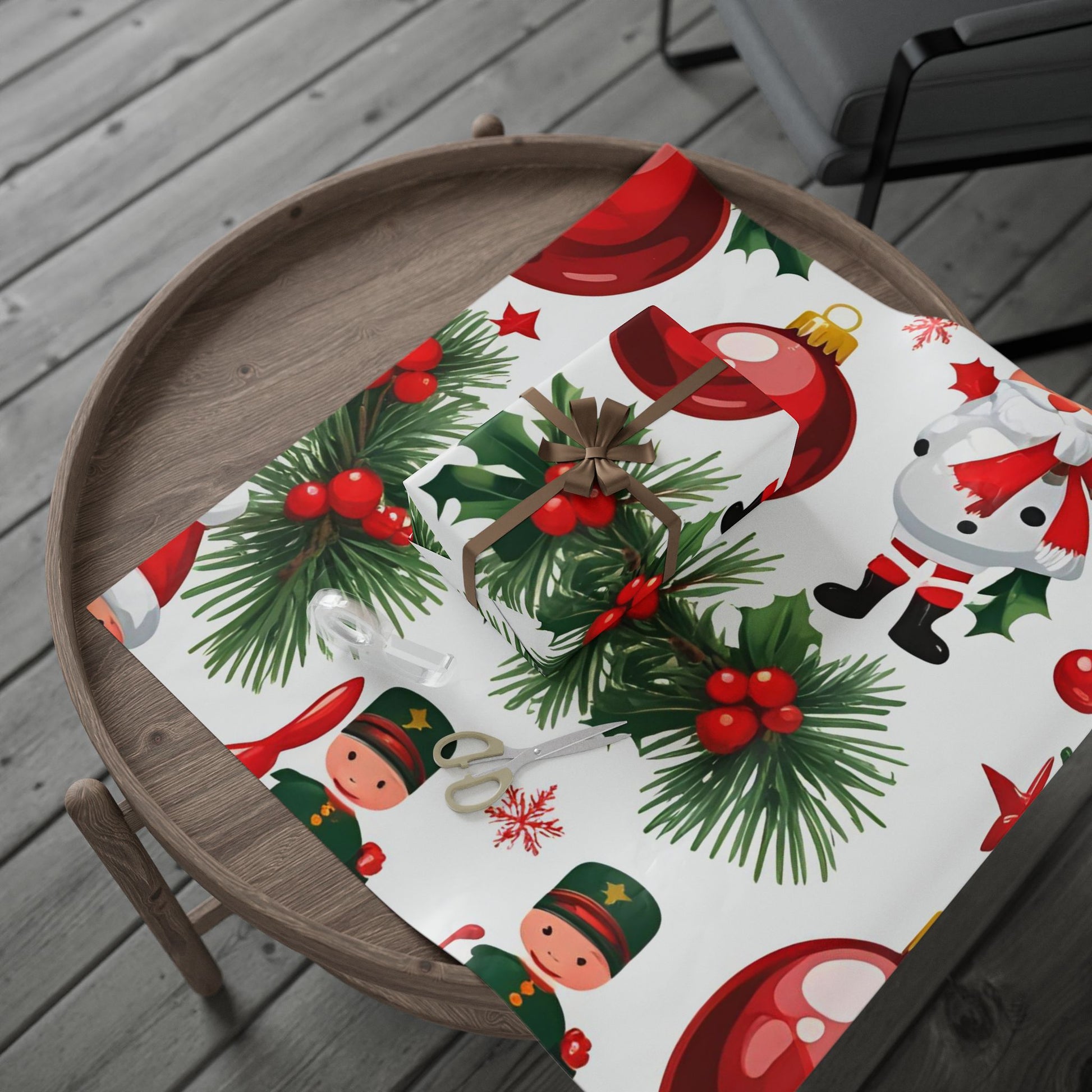 Santa and Toy Soldiers Christmas Wrapping Paper – Festive Ornaments and Holly Design