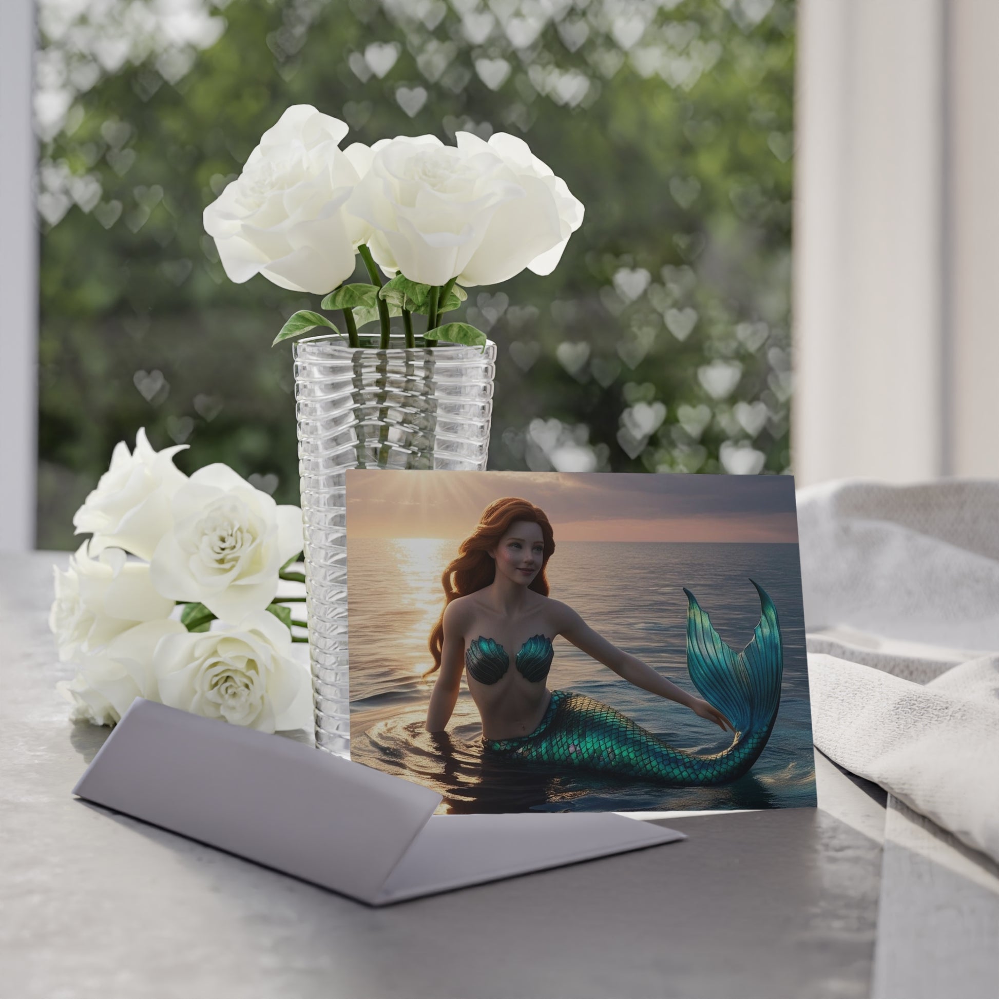 Coralyn the Auburn-Haired Mermaid Note Card – Sunlit Shoreline Scene – Mermaid Things Collection