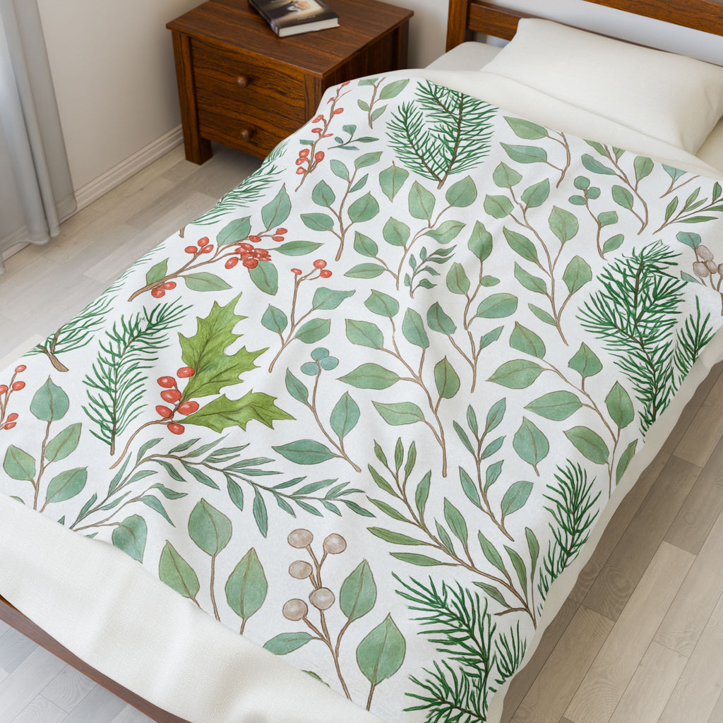 Whispers of Winter Botanical Blanket – Cozy Watercolor Evergreen and Holly Velveteen Throw – Ana