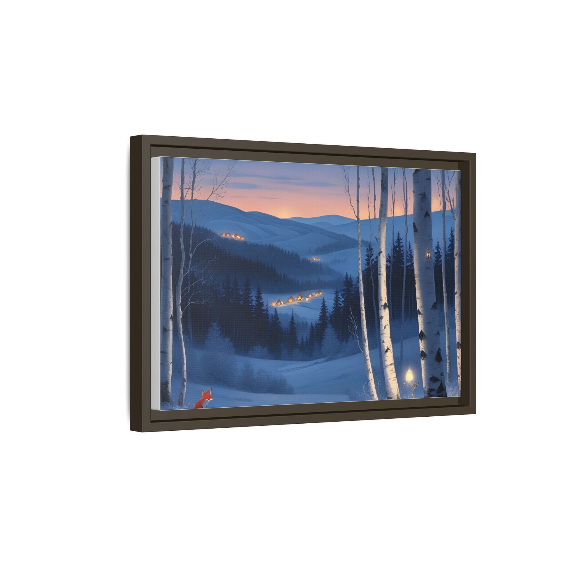 Snowy Forest Scene with Fox and Cabin Lights - Framed Winter Landscape Artwork