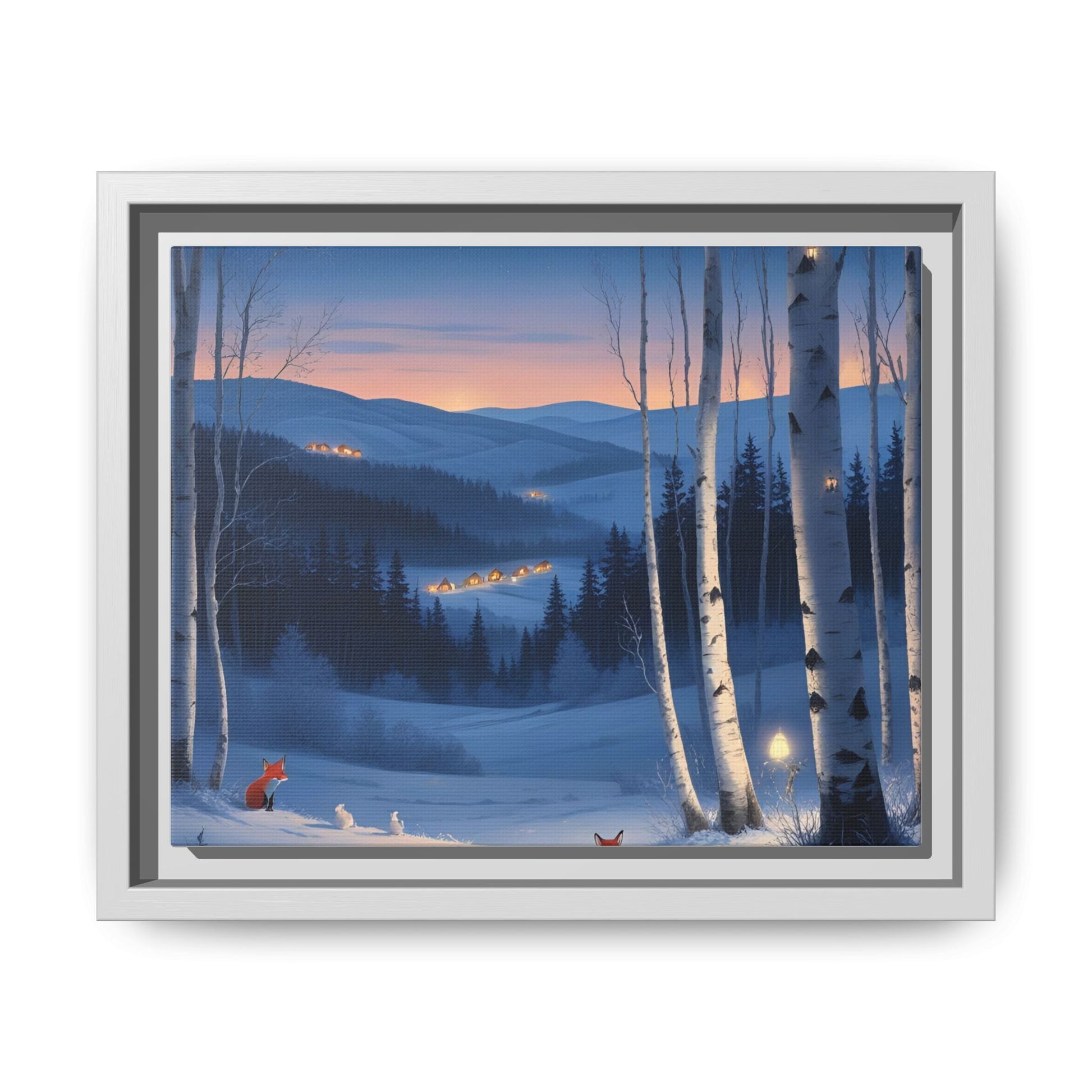 Snowy Forest Scene with Fox and Cabin Lights - Framed Winter Landscape Artwork