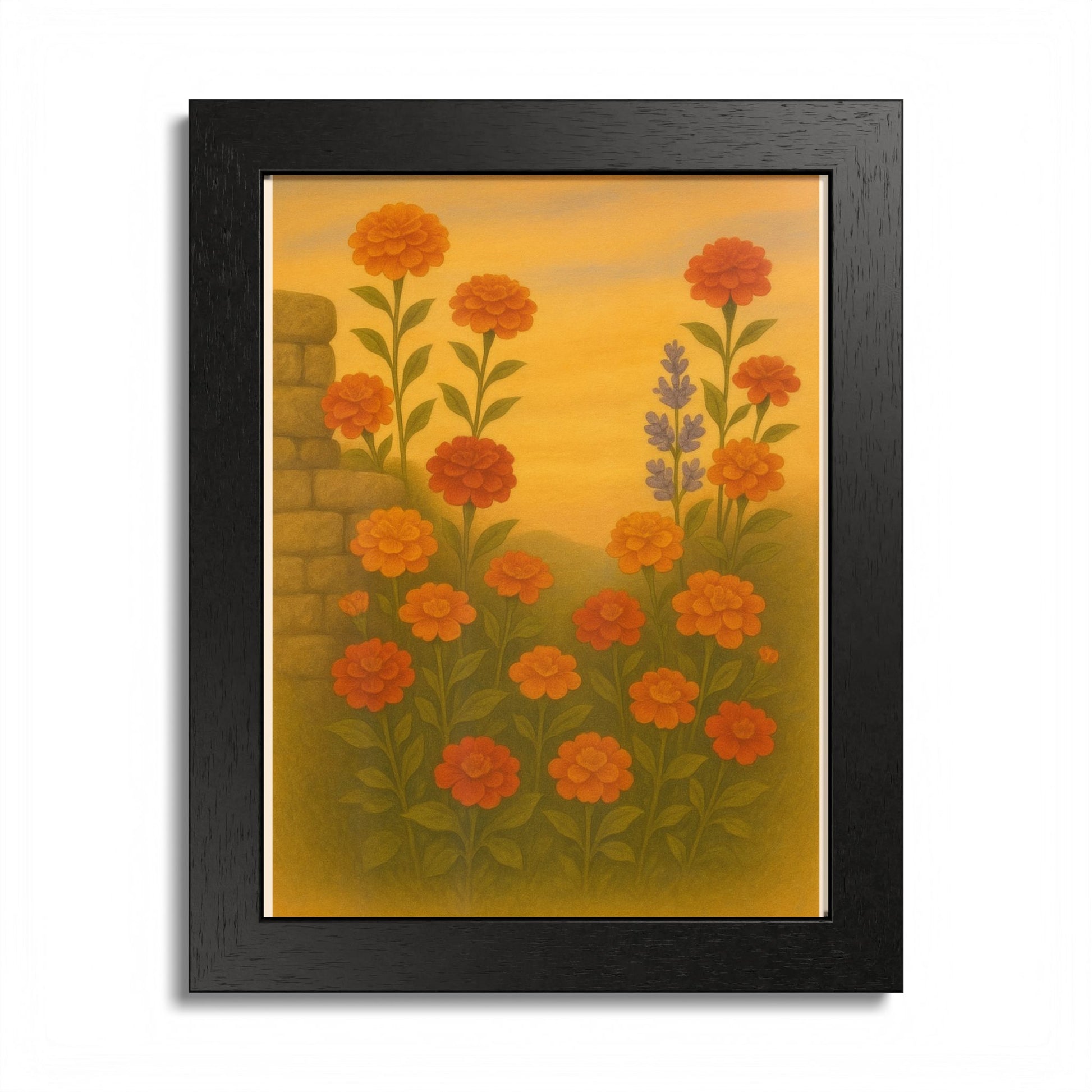 Golden Marigold Garden Framed Sunset Floral Wall Decor