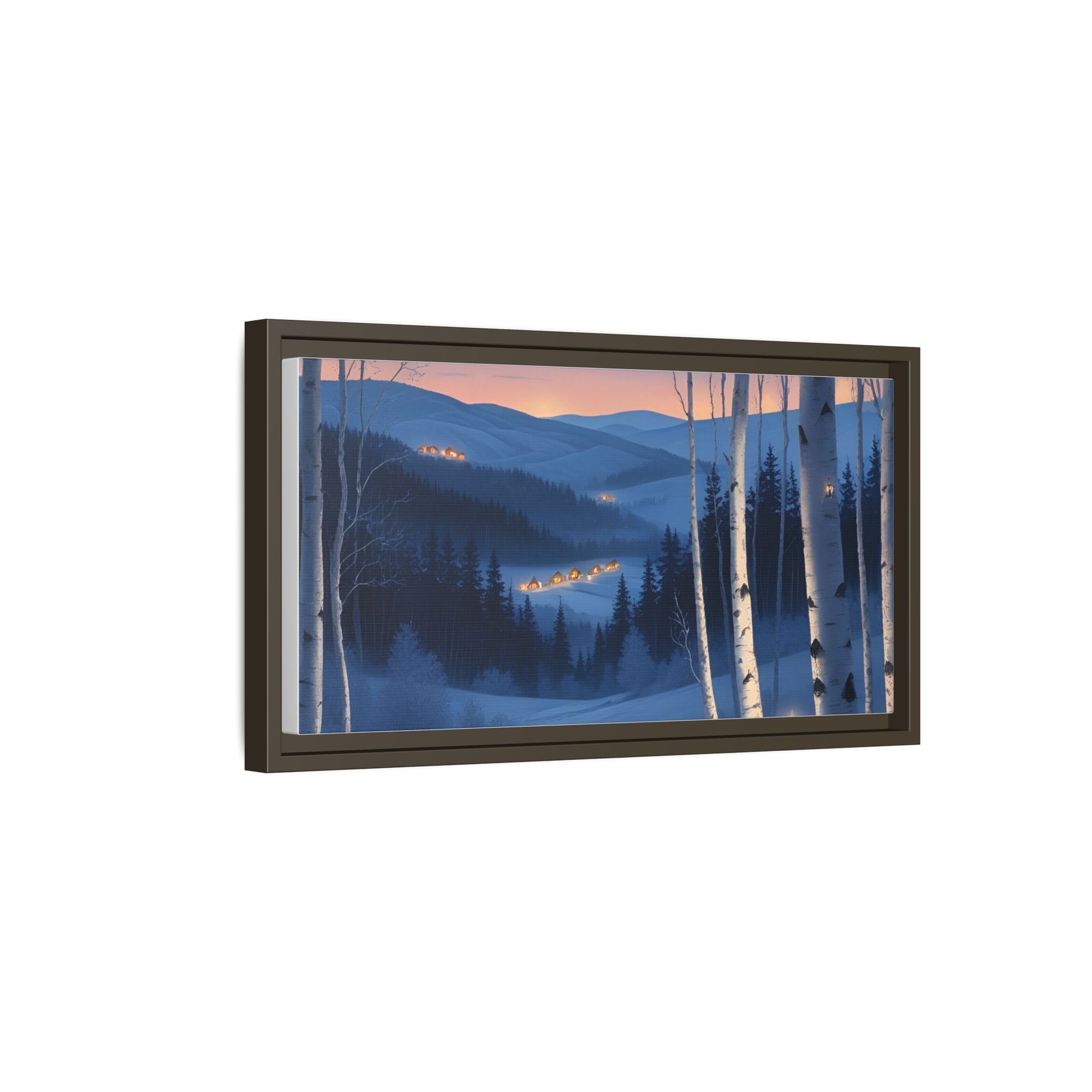 Snowy Forest Scene with Fox and Cabin Lights - Framed Winter Landscape Artwork