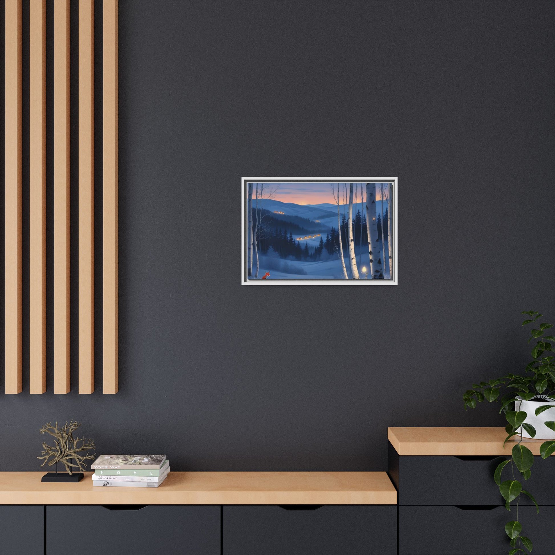 Snowy Forest Scene with Fox and Cabin Lights - Framed Winter Landscape Artwork