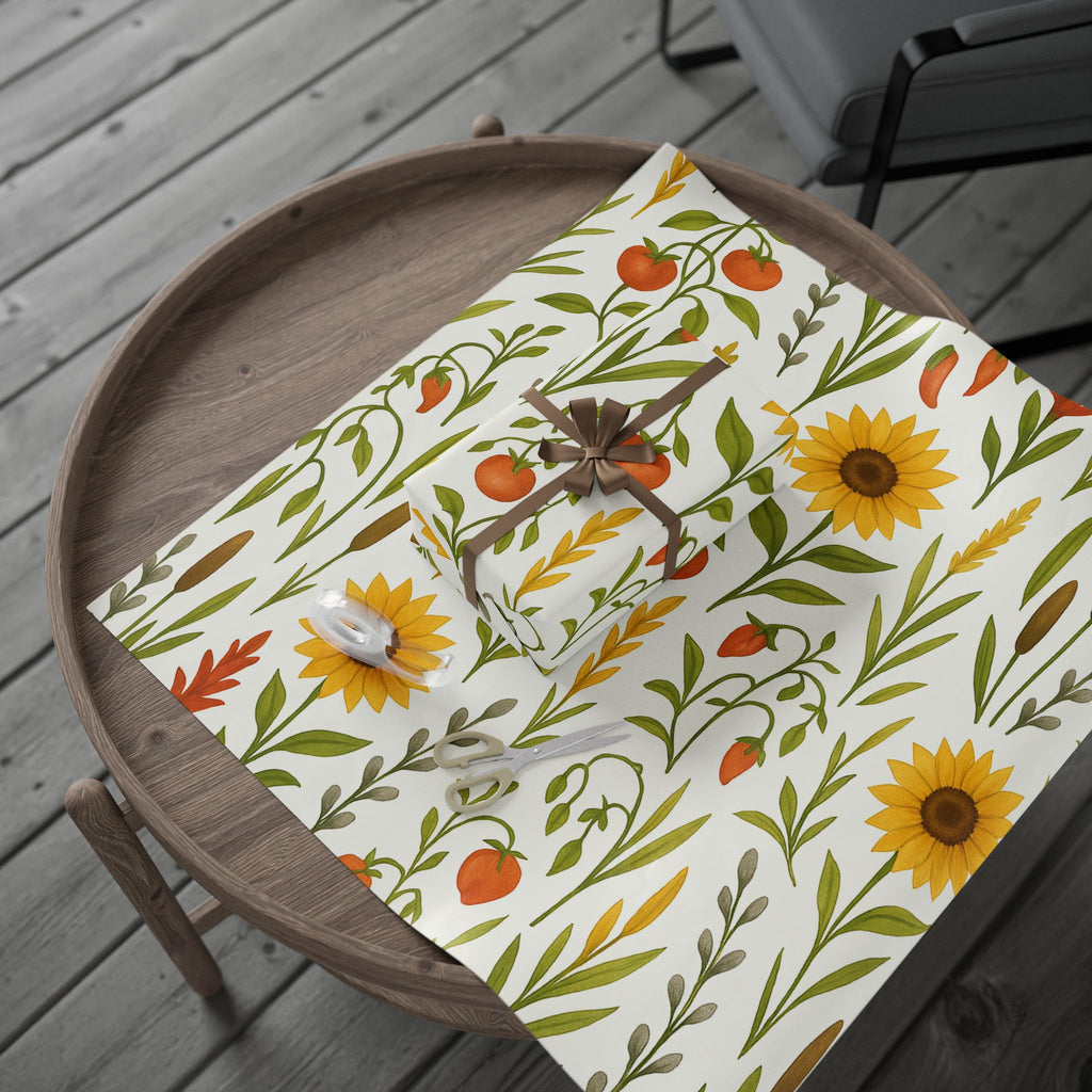 Sunflowers, Tomatoes & Autumn Harvest Botanical Wrapping Paper – Bright Seasonal Gift Wrap