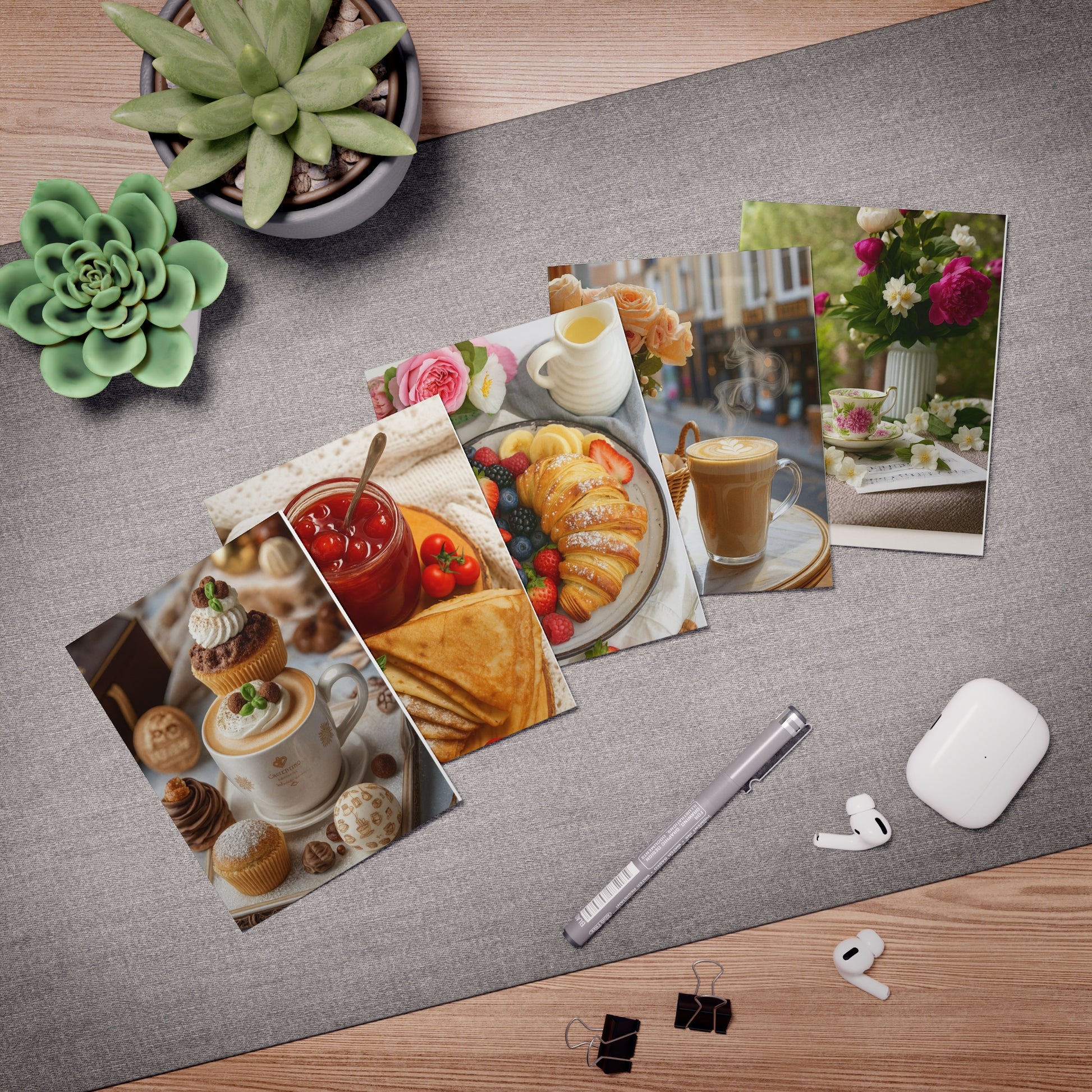 Spring & Café Moments Note Card Set – Pack of 5 – Elegant Floral, Breakfast & Coffee Scene Cards – Illustrations by Katalin Tõt – Paper Pleasures-Breakfast & Brunch Greeting Cards — 5-Pack Assortment (Fruit, Pastries, Tea, Coffee)