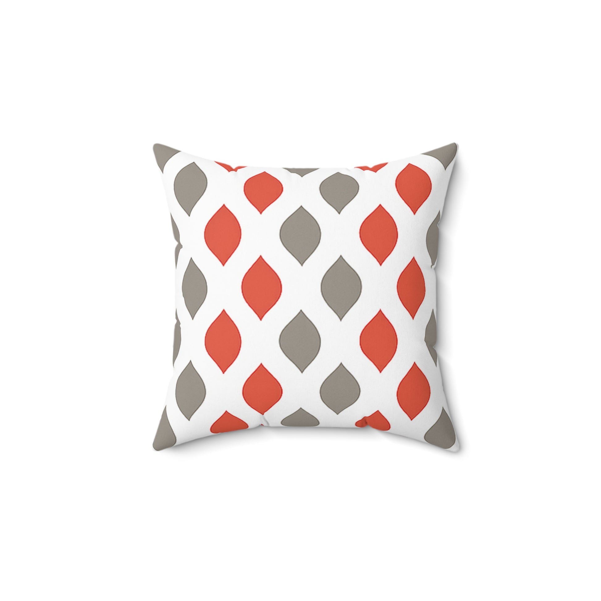 Decorative pillow with red and gray geometric pattern on a white background