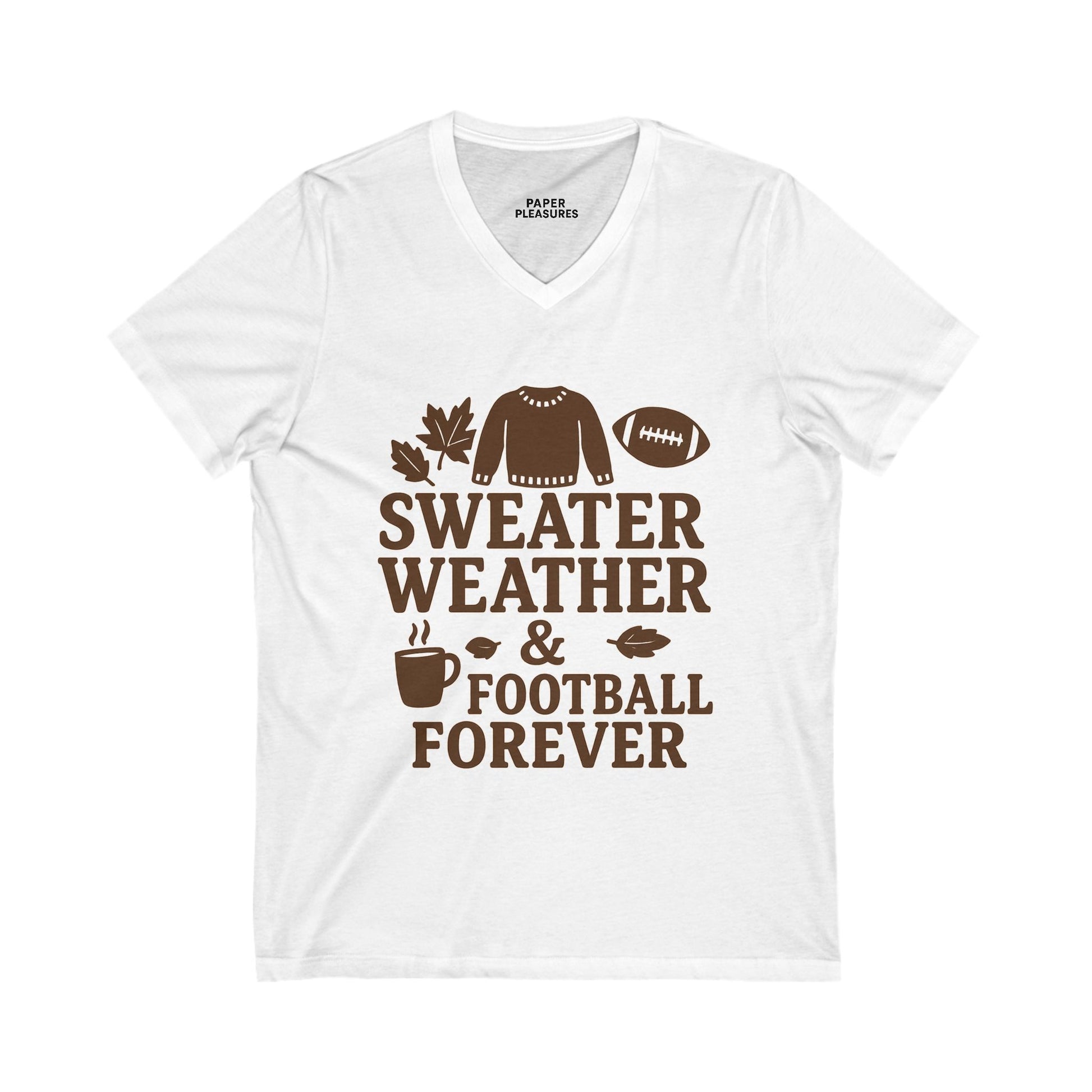 White t-shirt with brown text and graphics on a white background