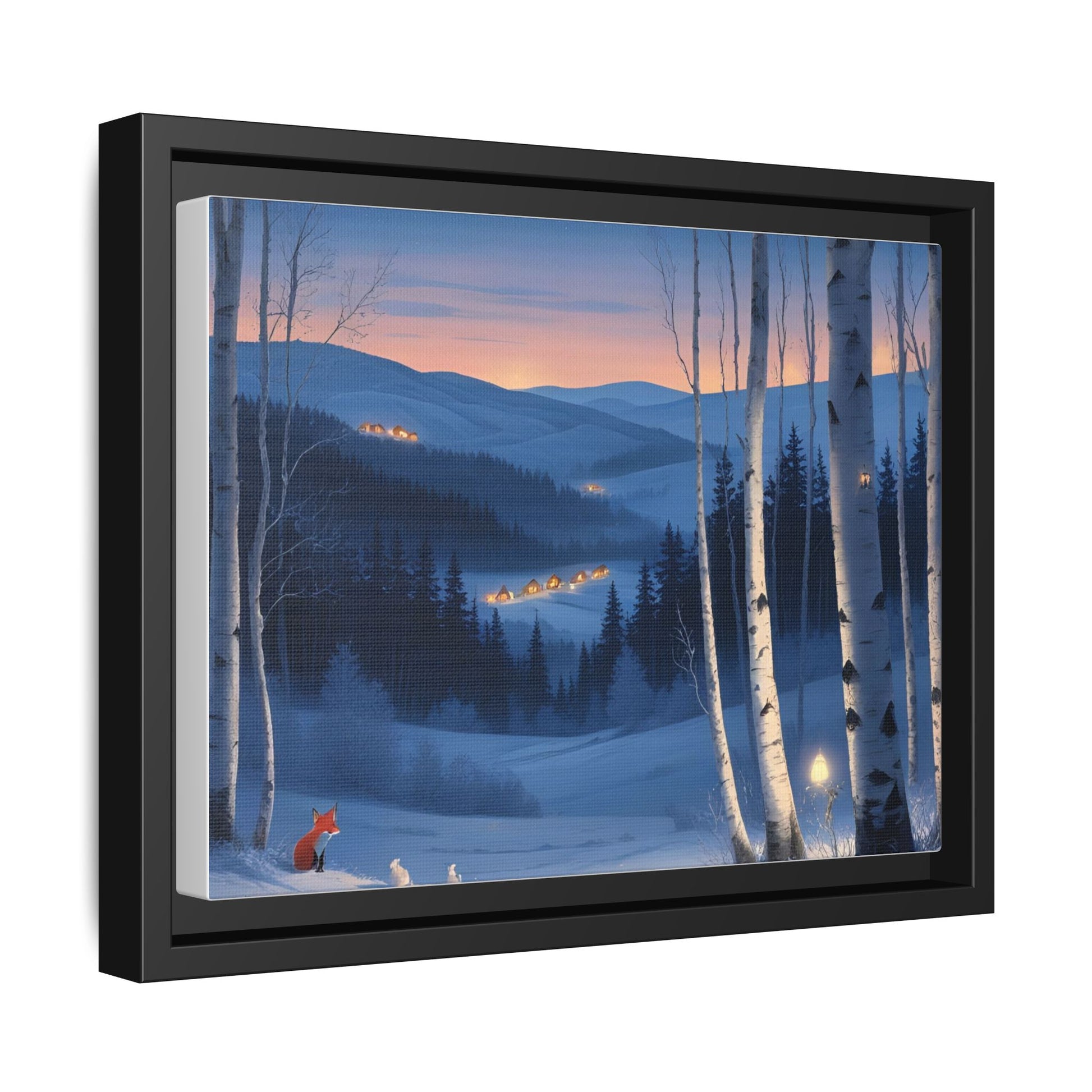 Snowy Forest Scene with Fox and Cabin Lights - Framed Winter Landscape Artwork