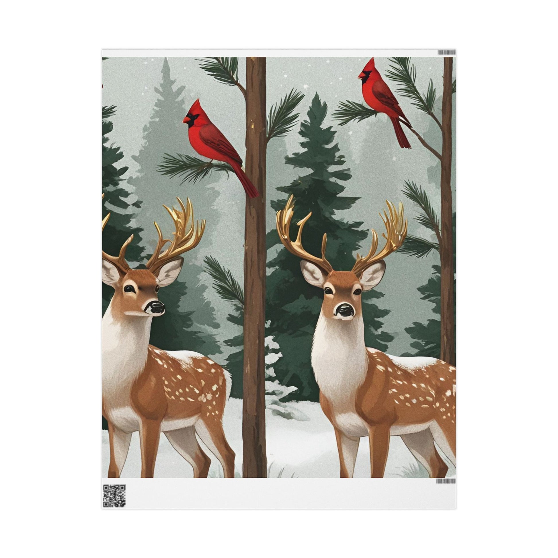 Large Print Festive Holiday Gift Wrap - Winter Deer & Cardinal Forest Wrapping Paper