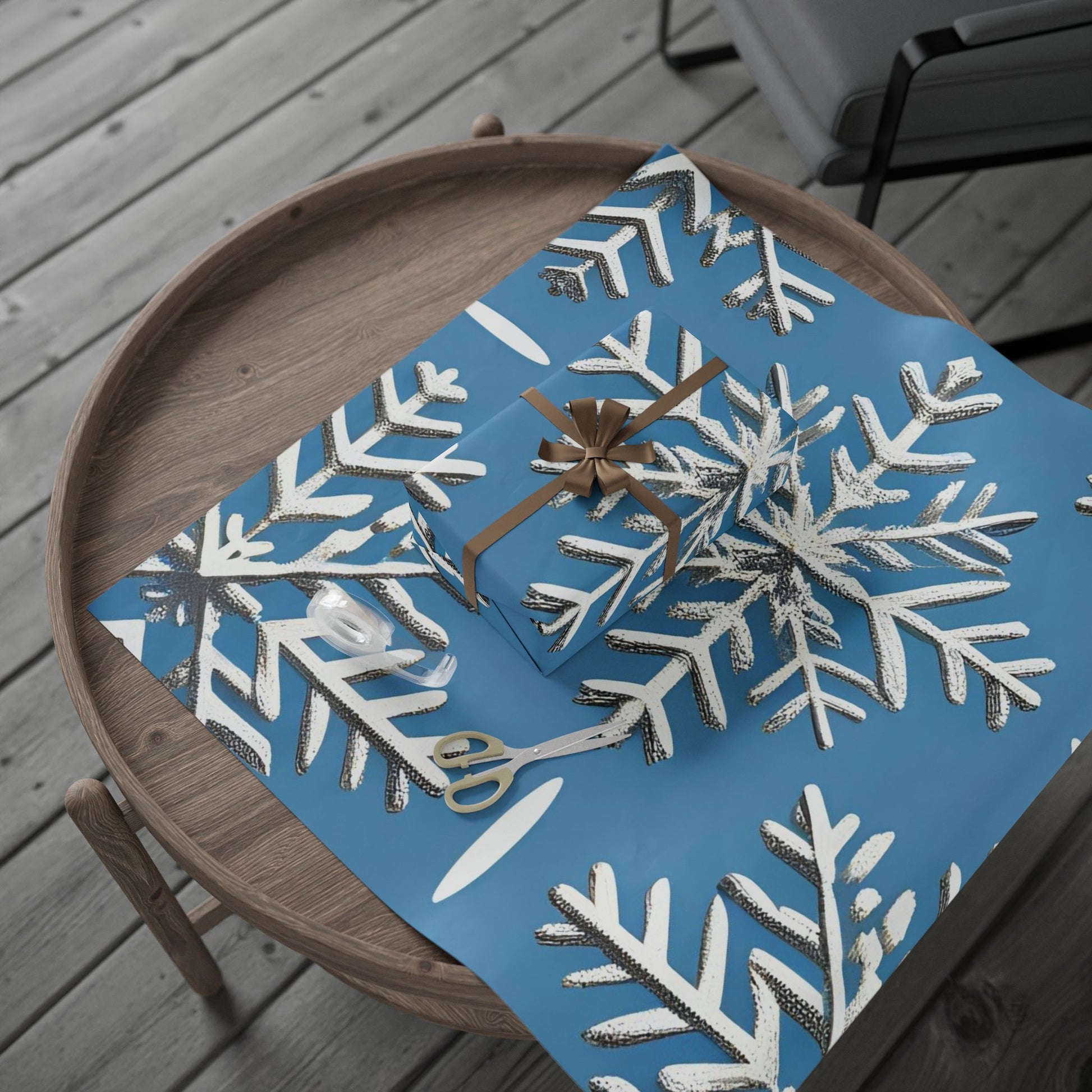 Silver Snowflake Wrapping Paper – Elegant Holiday Gift Wrap on Winter Blue Background