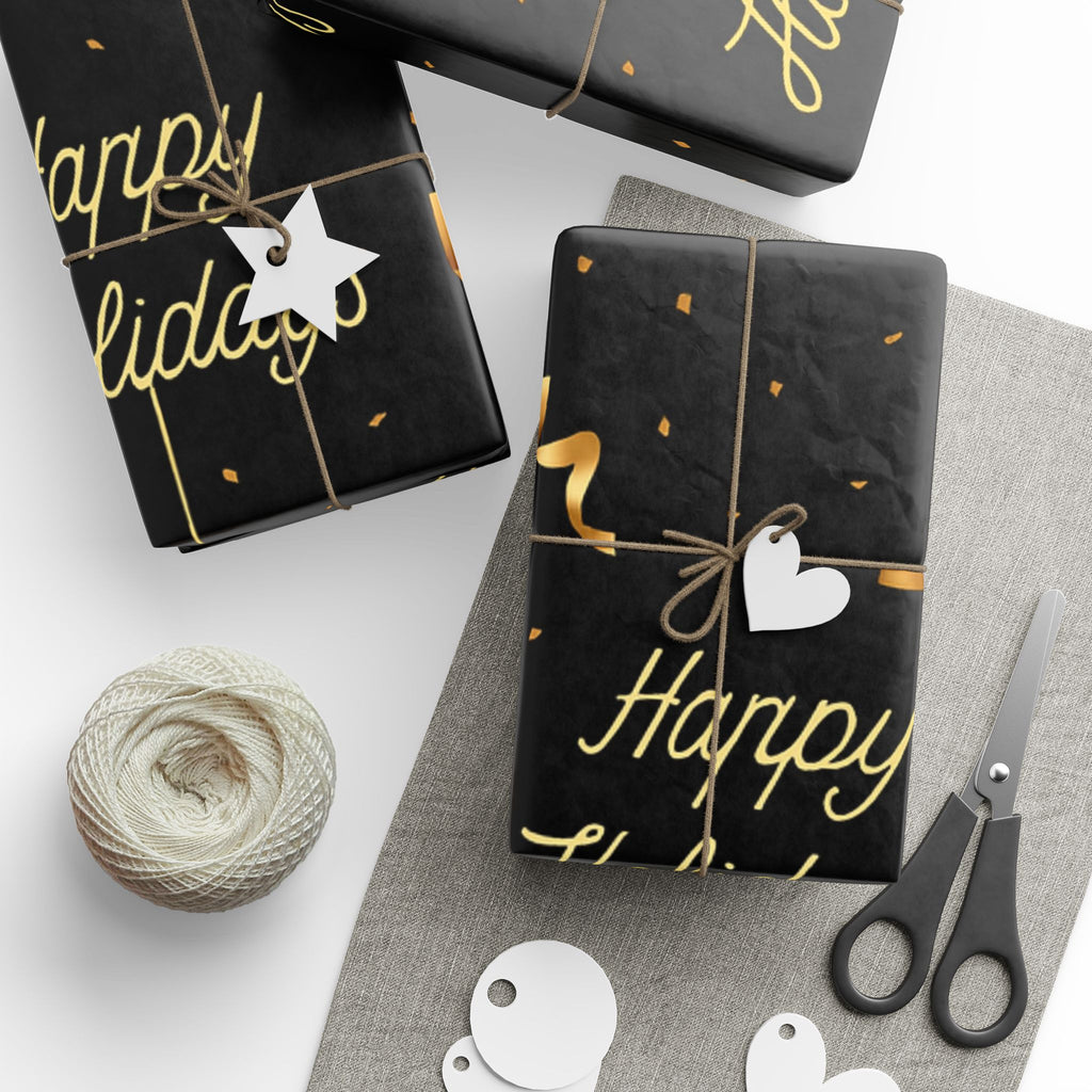 Black & Gold Christmas Wrapping Paper – Elegant “Happy Holidays” Design by KP | Luxury Metallic Gift Wrap by Paper Pleasures