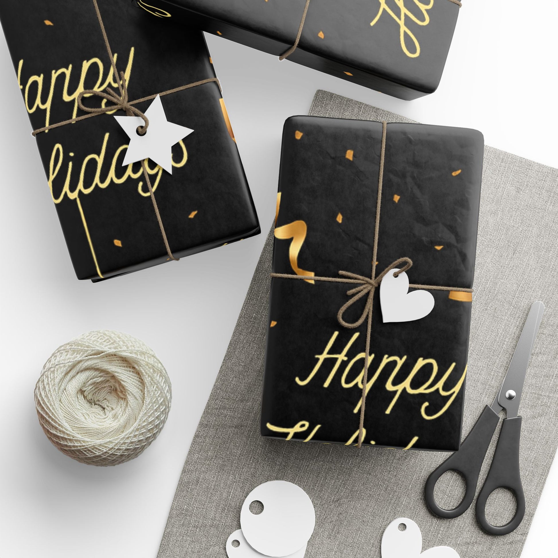 Black & Gold Christmas Wrapping Paper – Elegant “Happy Holidays” Design by KP | Luxury Metallic Gift Wrap by Paper Pleasures