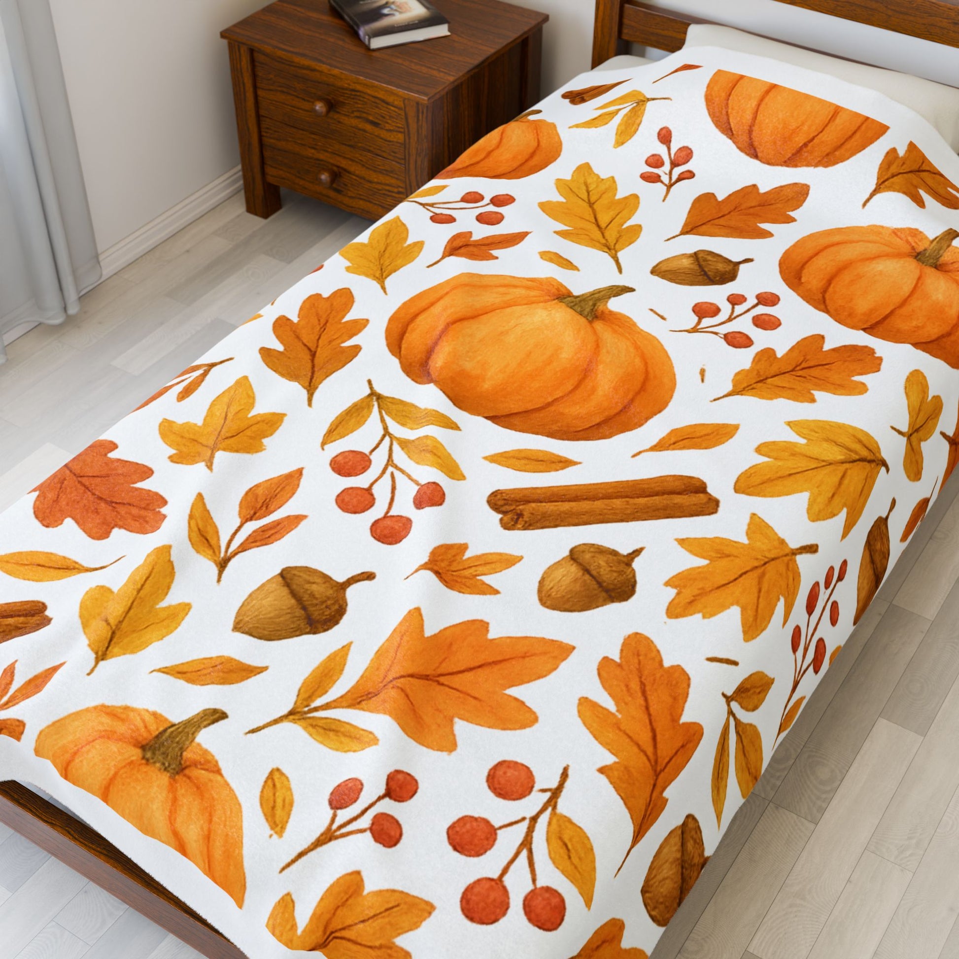 Cozy Velveteen Plush Blanket – Pumpkin & Autumn Leaves Fall Throw