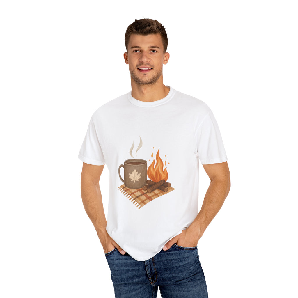 Cozy Autumn Campfire & Mug T-Shirt – Fall Coffee Tee for Outdoor Lovers, Adult Fall Apparel