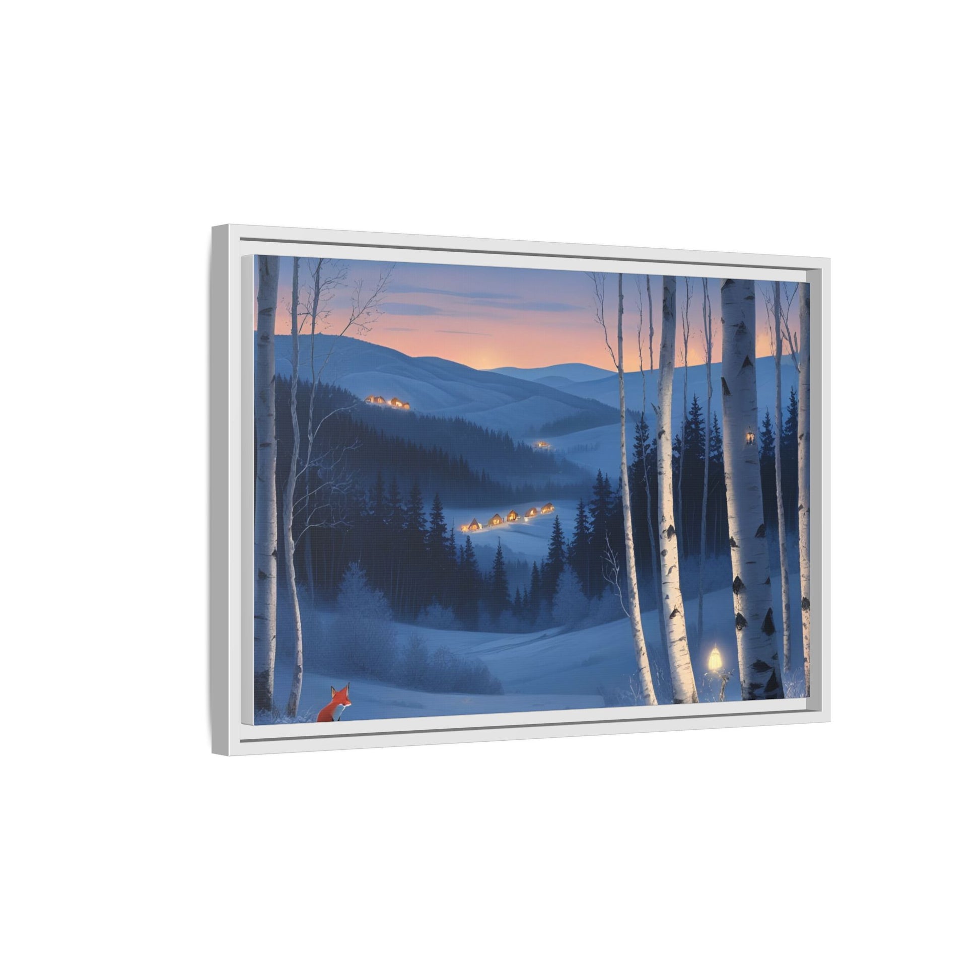 Snowy Forest Scene with Fox and Cabin Lights - Framed Winter Landscape Artwork
