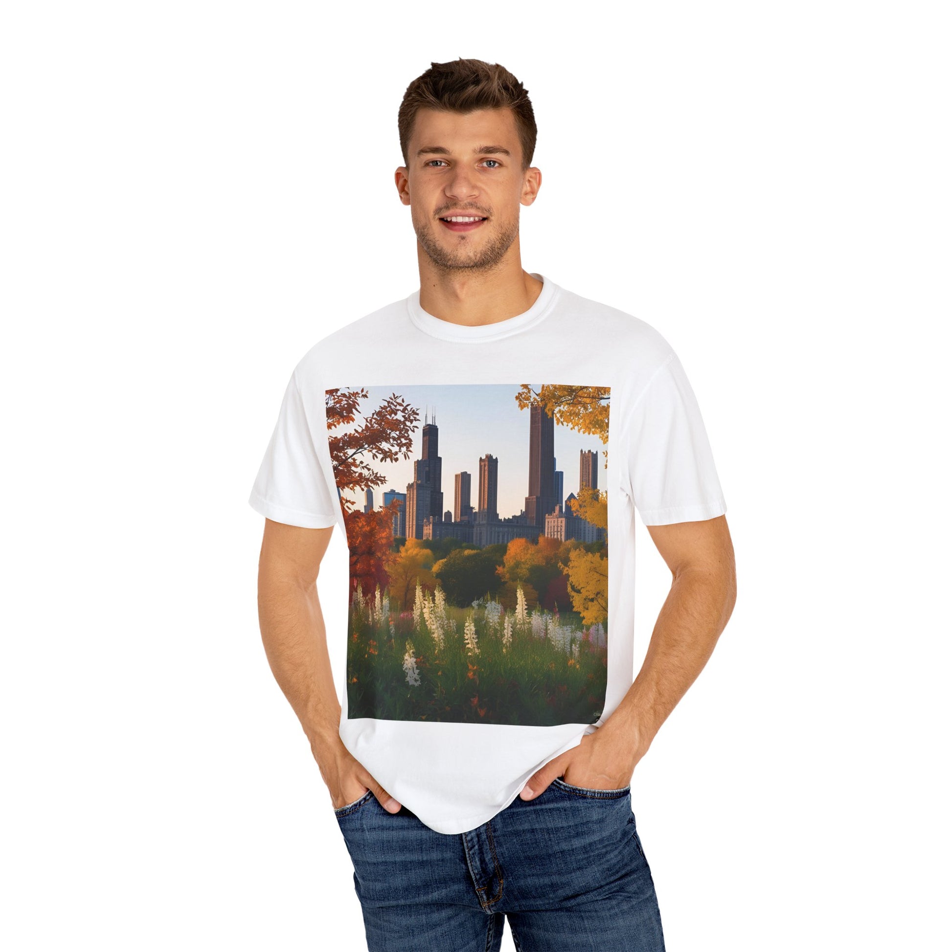 Cityscape Fall Unisex T-Shirt, Autumn Vibe Tee, Trendy Graphic Tee, Urban Nature Shirt, Comfortable Everyday Top