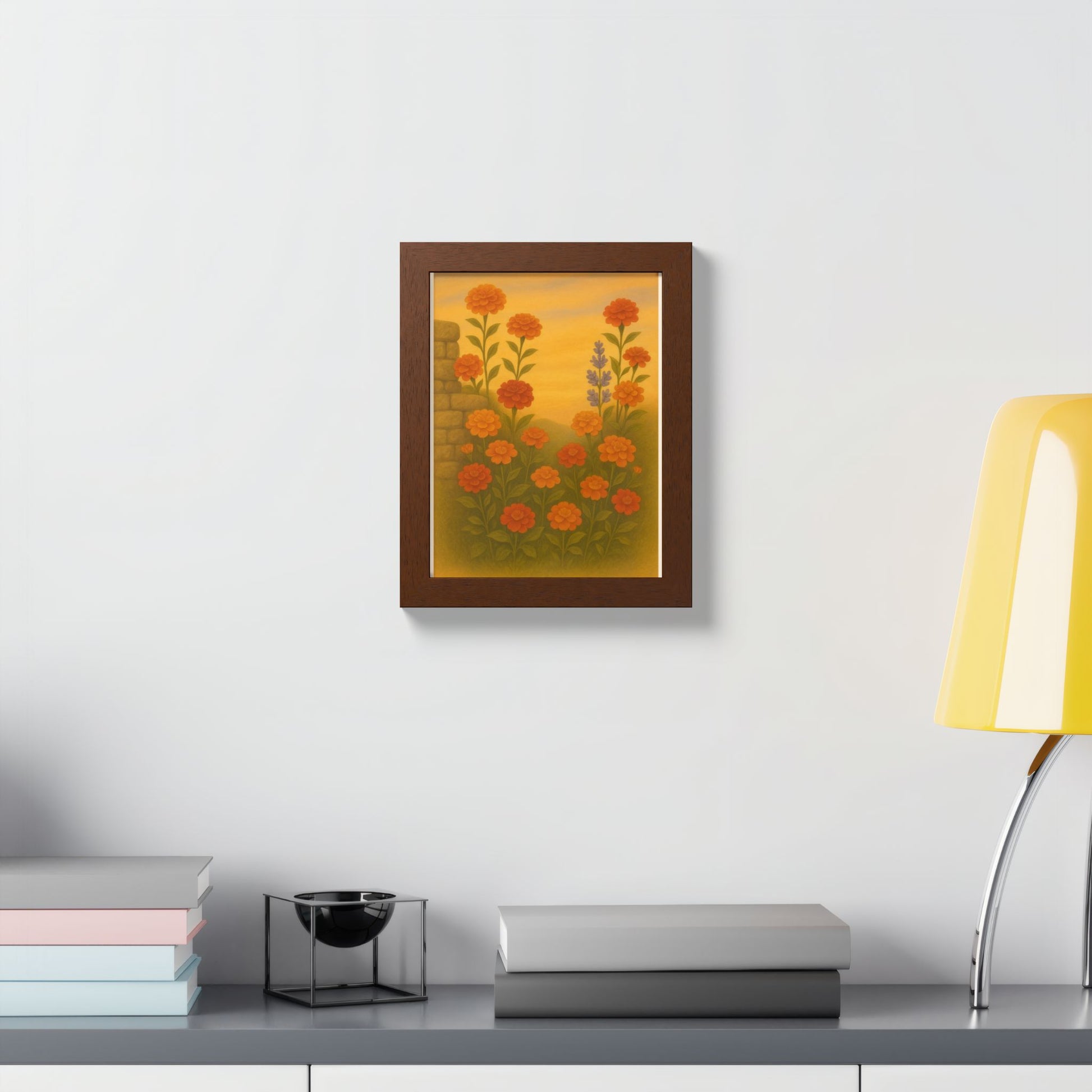 Golden Marigold Garden Framed Sunset Floral Wall Decor