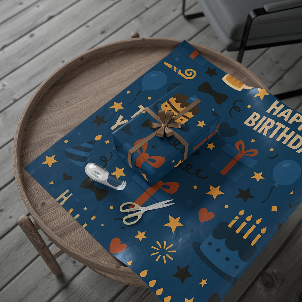 Happy Birthday Wrapping Paper – Navy Blue with Cakes, Gifts & Party Icons